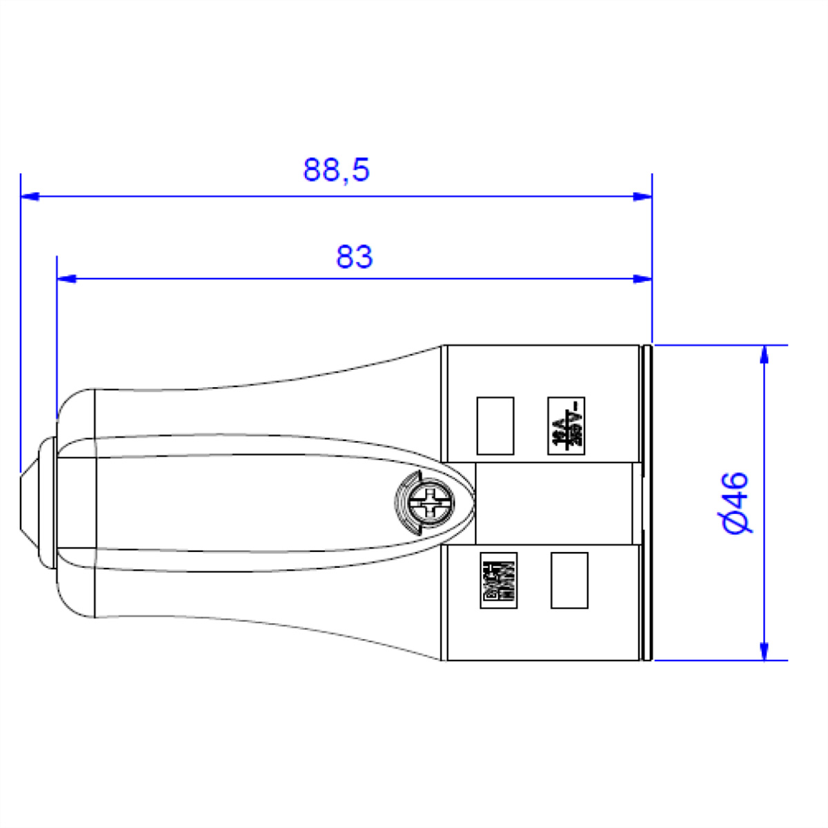 Un disegno tecnico di una spina elettrica con misure. È una vista ravvicinata.