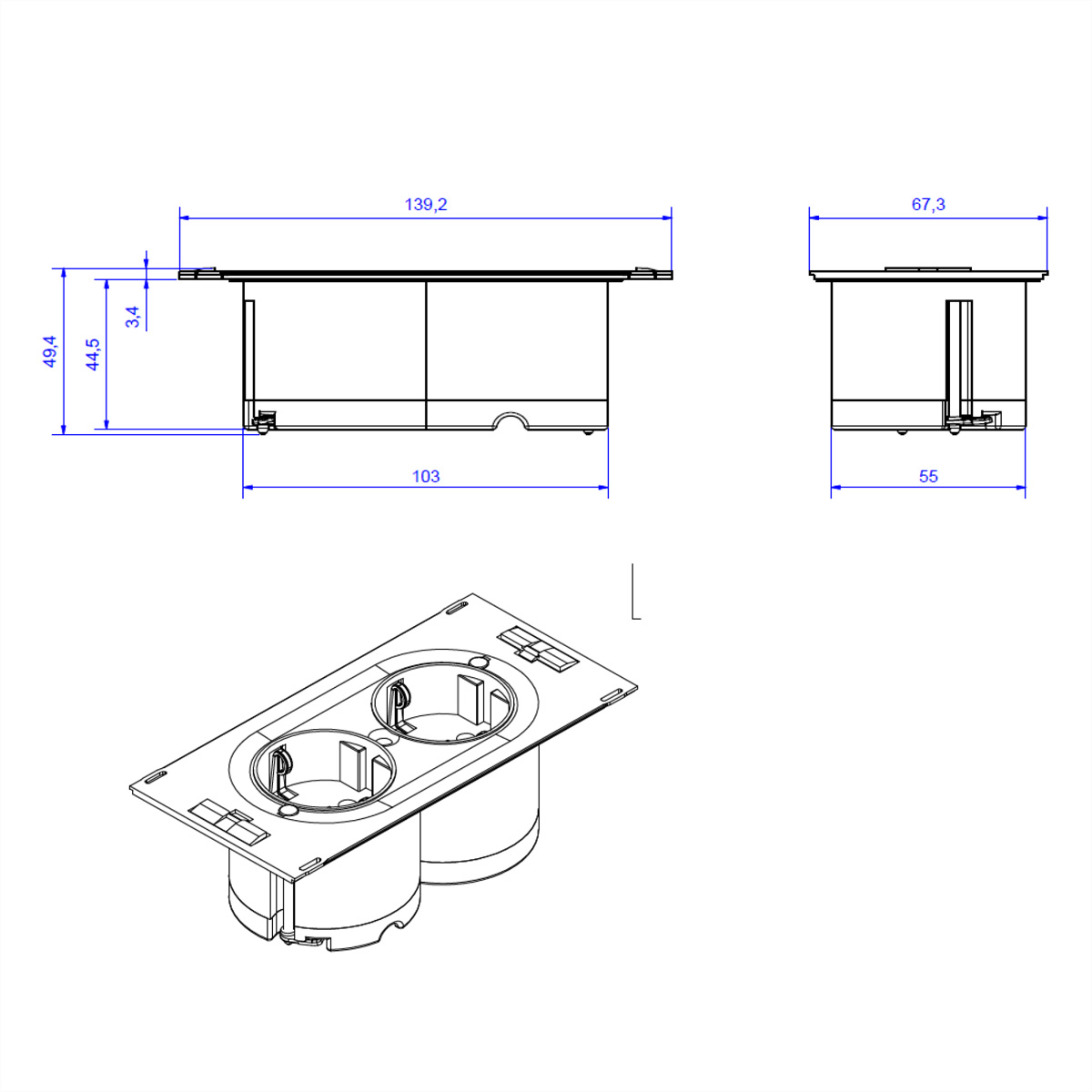 Disegno tecnico di una presa doppia con dimensioni e due prese.