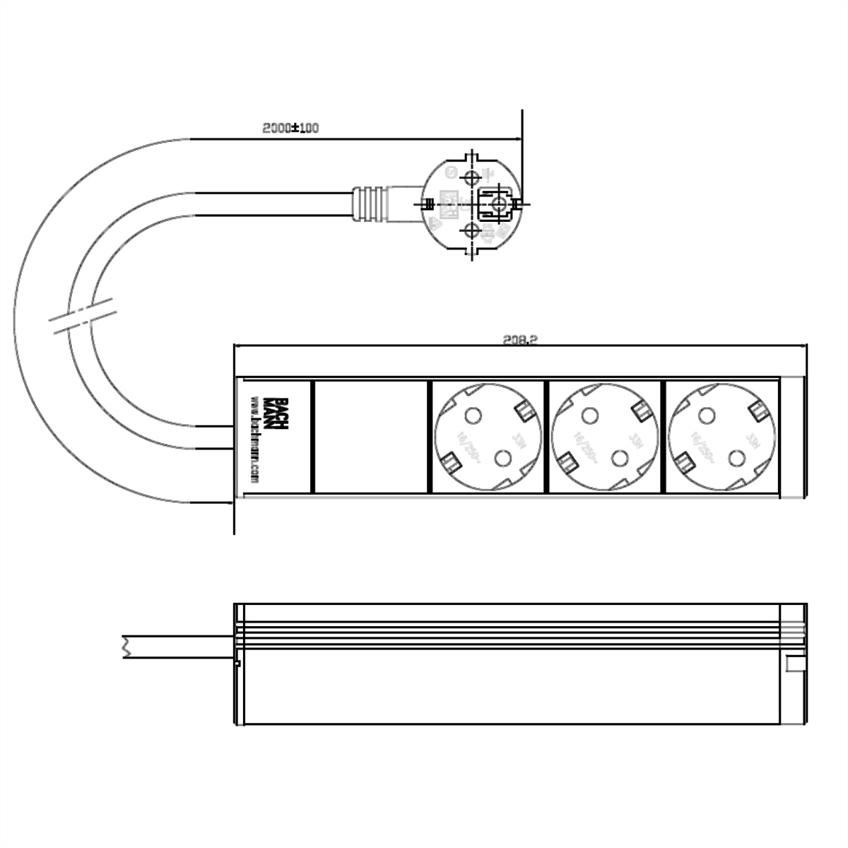 Disegno tecnico: presa elettrica allungata con cavo, spina e dimensioni.