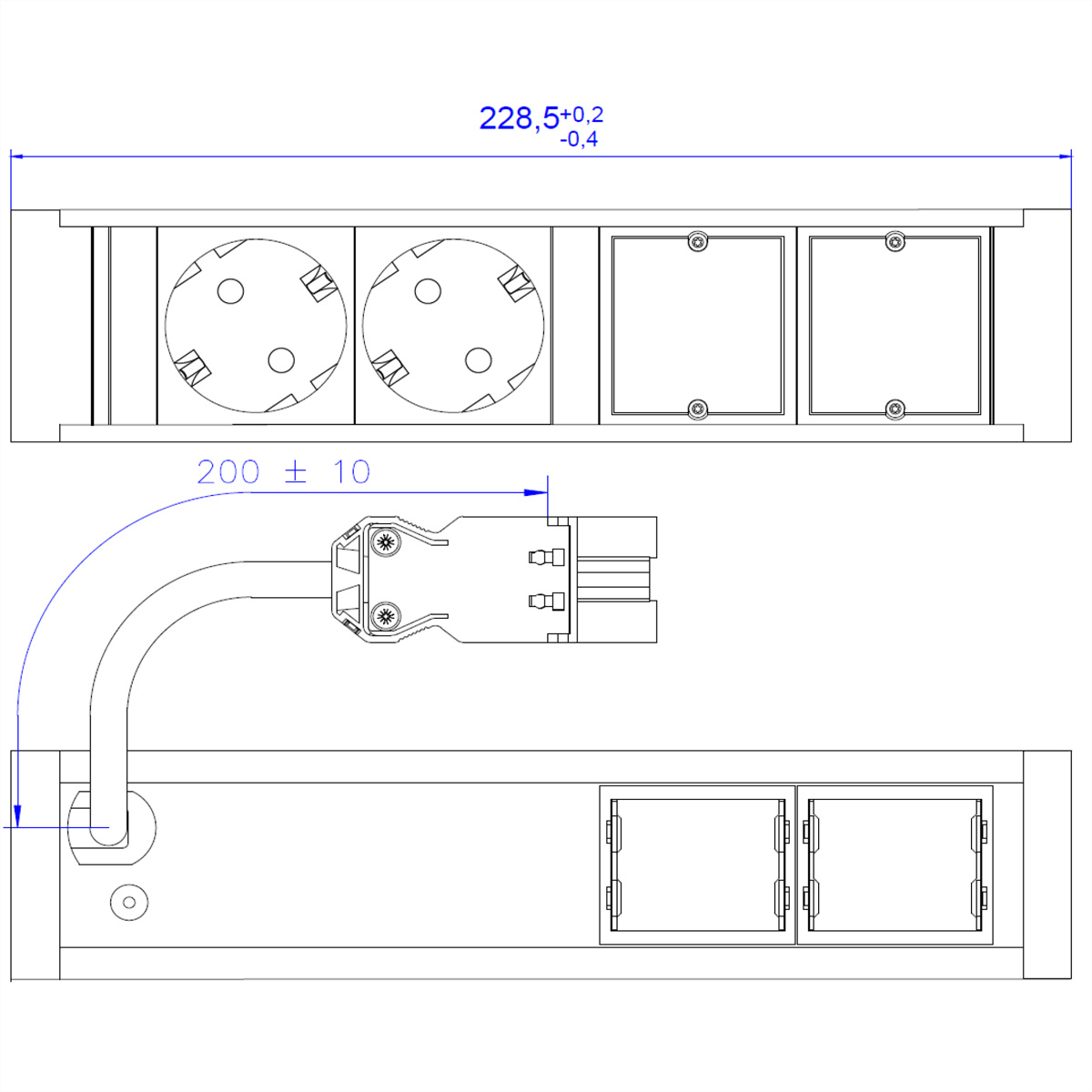 Un diagramma dall'alto di una scatola di metallo con prese e un cavo, insieme alle misure.