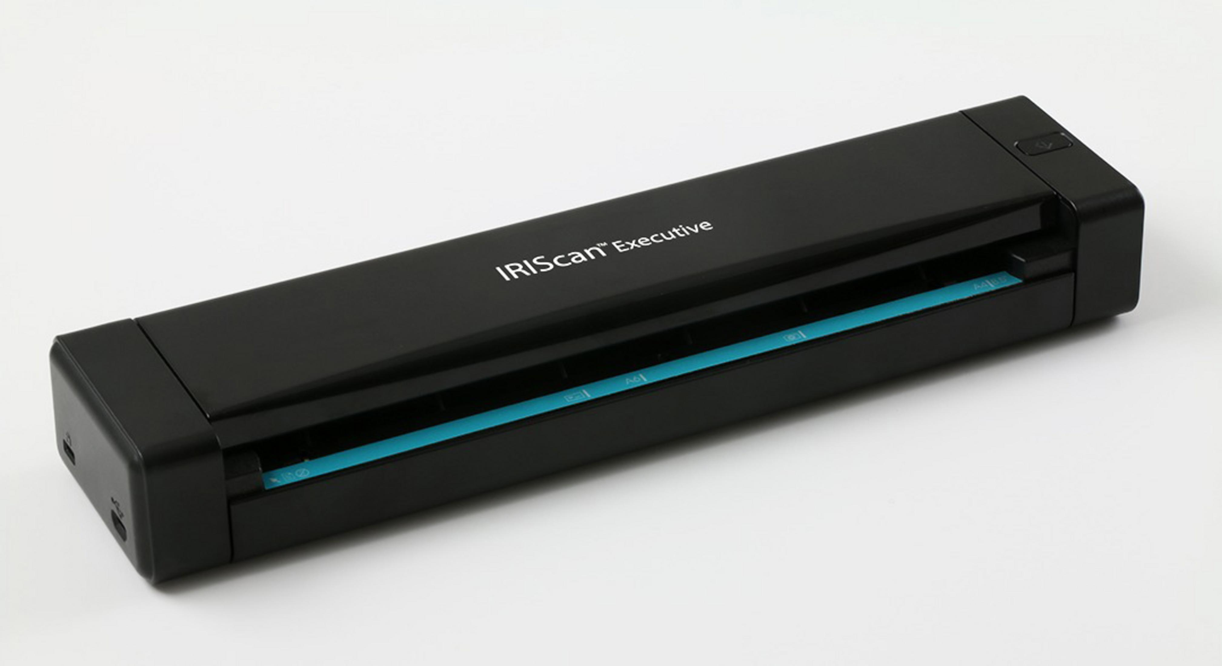 Schwarzer IRIScan Executive Scanner auf weißer Oberfläche. Text: IRIScan Executive.