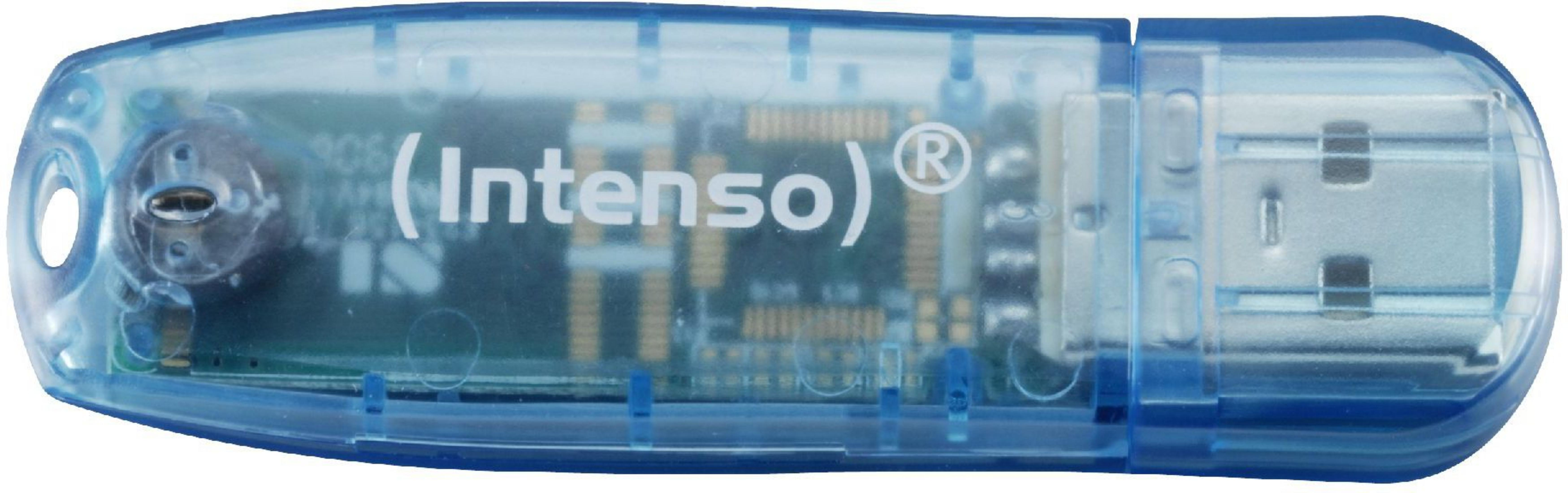 Chiavetta USB blu trasparente con logo Intenso su sfondo bianco.
