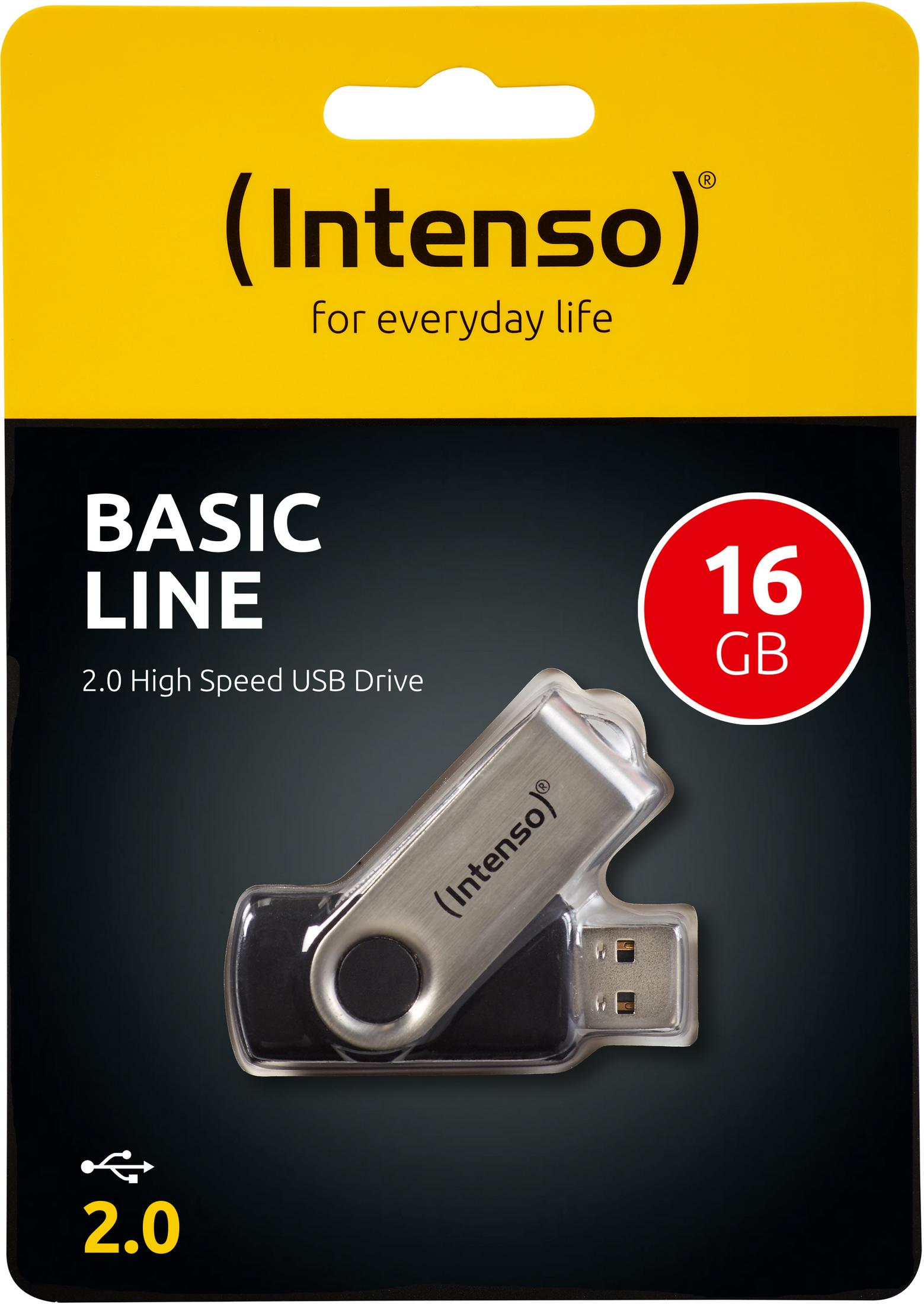 Intenso 16GB USB-Stick in Verpackung. Gelbe und schwarze Karte, silberner Stick.