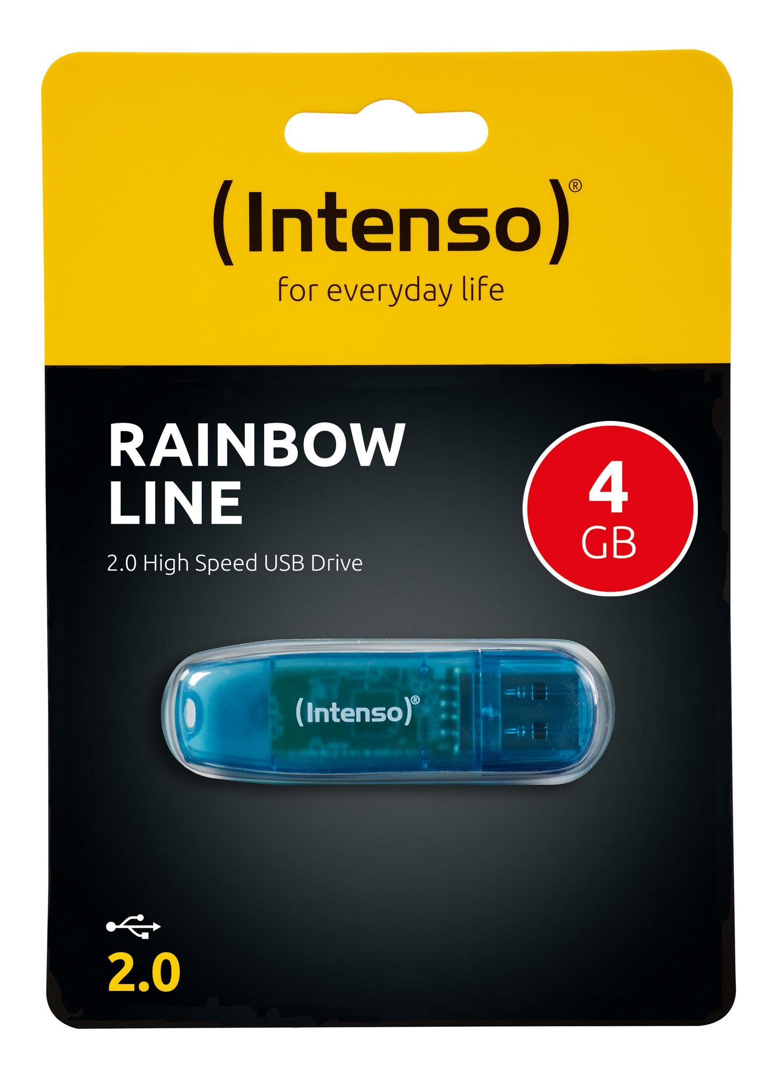Chiavetta USB in confezione. Unità blu con logo Intenso, confezione nera e gialla.