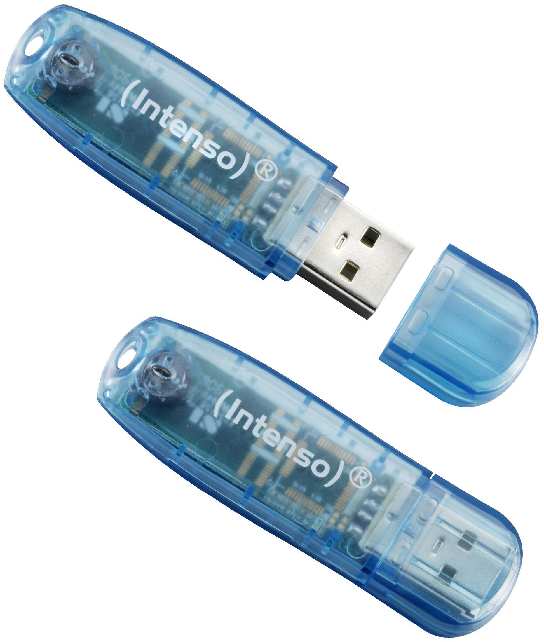 Due chiavette USB blu trasparenti con logo Intenso su sfondo bianco.