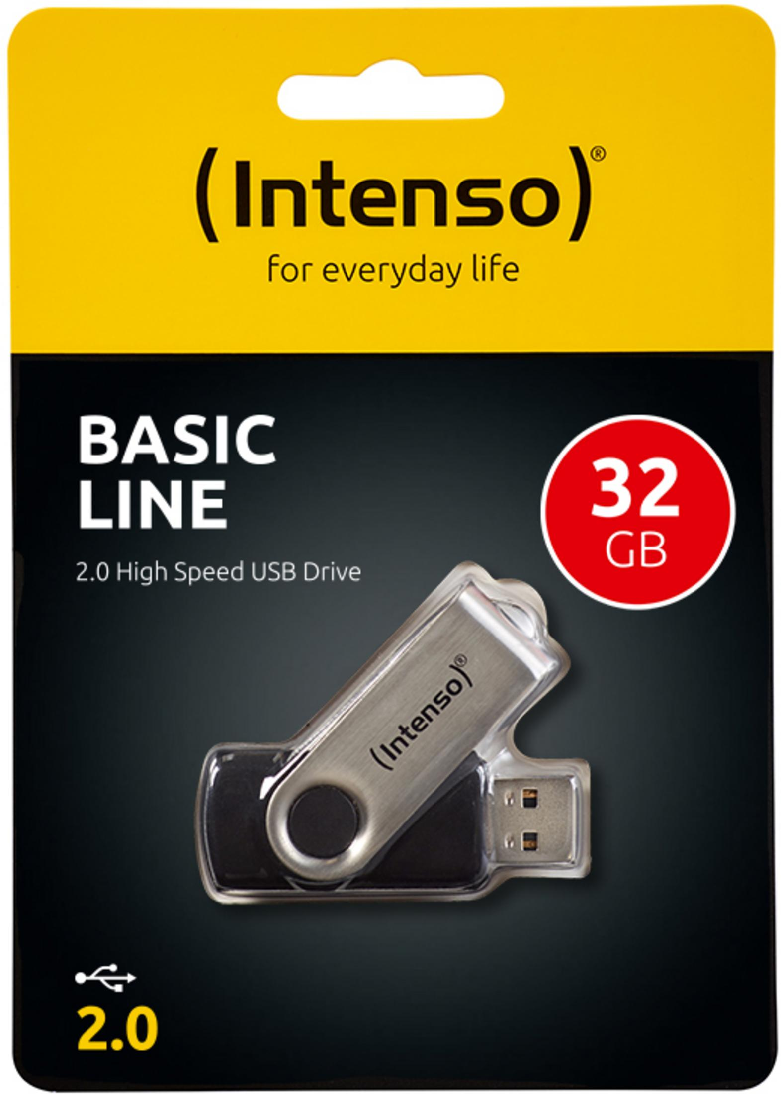 Confezione chiavetta USB. Unità USB argentata con logo Intenso, confezione nera e gialla.