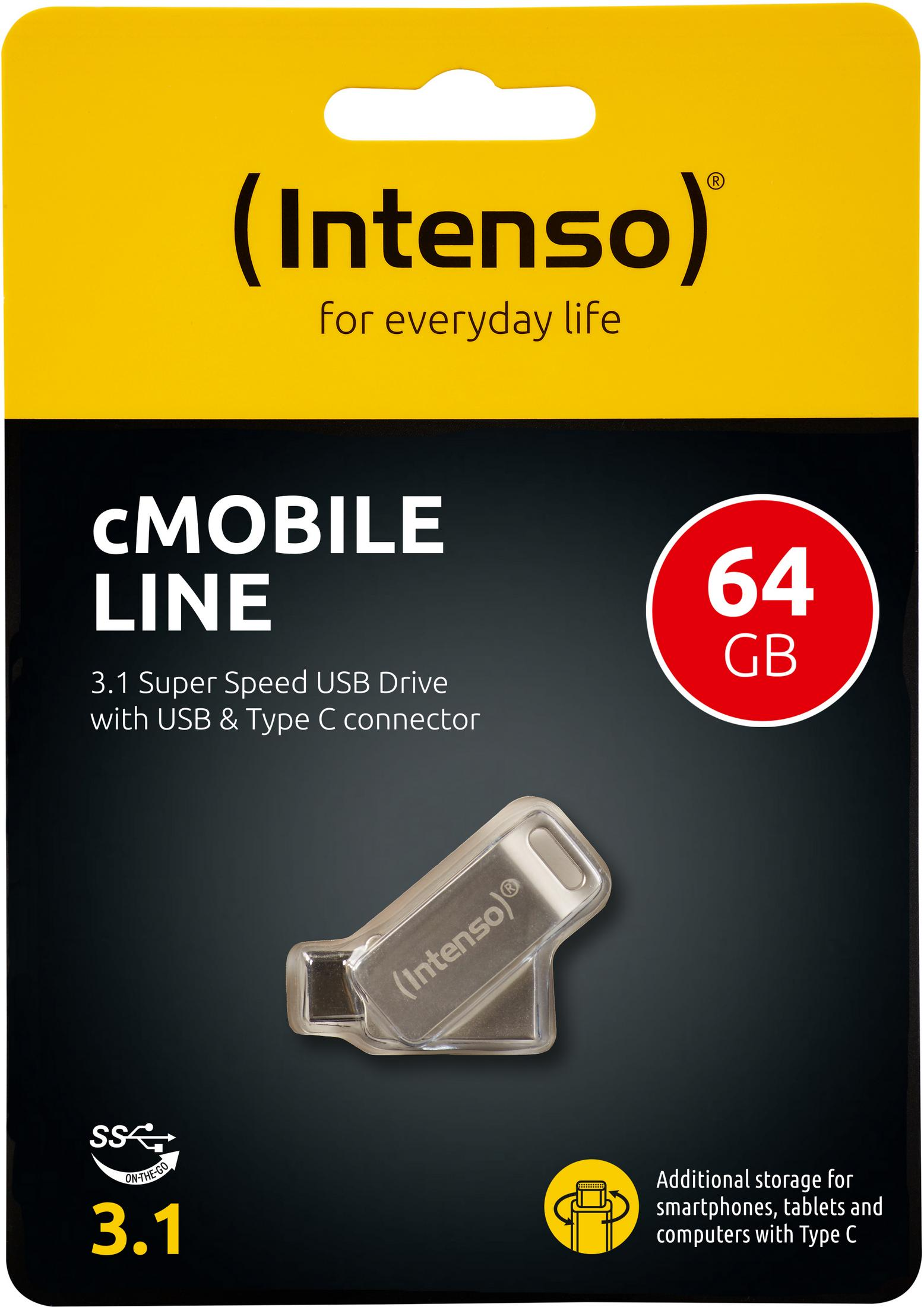 Dysk USB 64 GB w opakowaniu. Marka to Intenso. To dysk cMOBILE LINE 3.1.