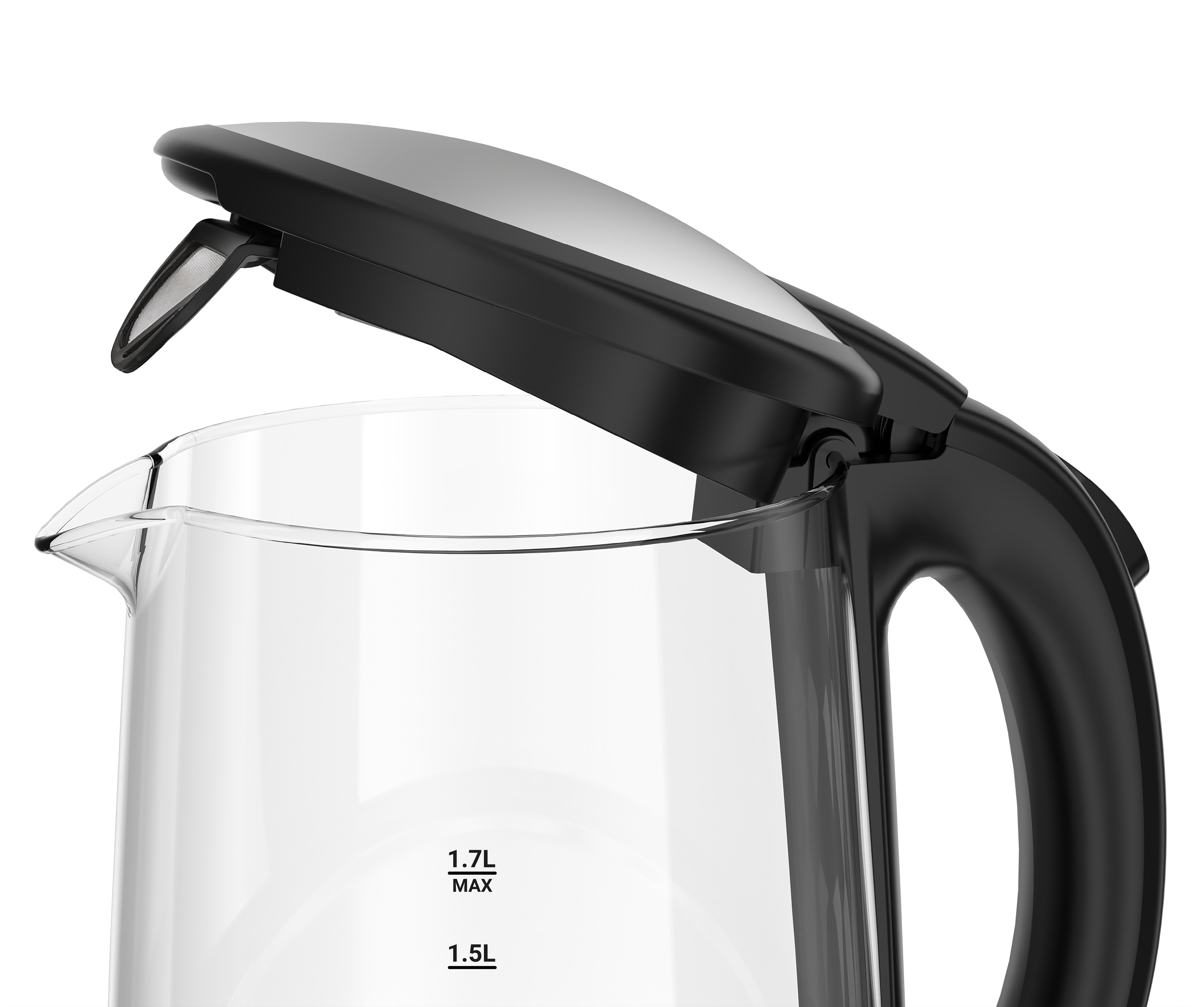 Une bouilloire électrique en verre transparent avec un couvercle noir partiellement ouvert. Des repères de niveau d'eau sont visibles.
