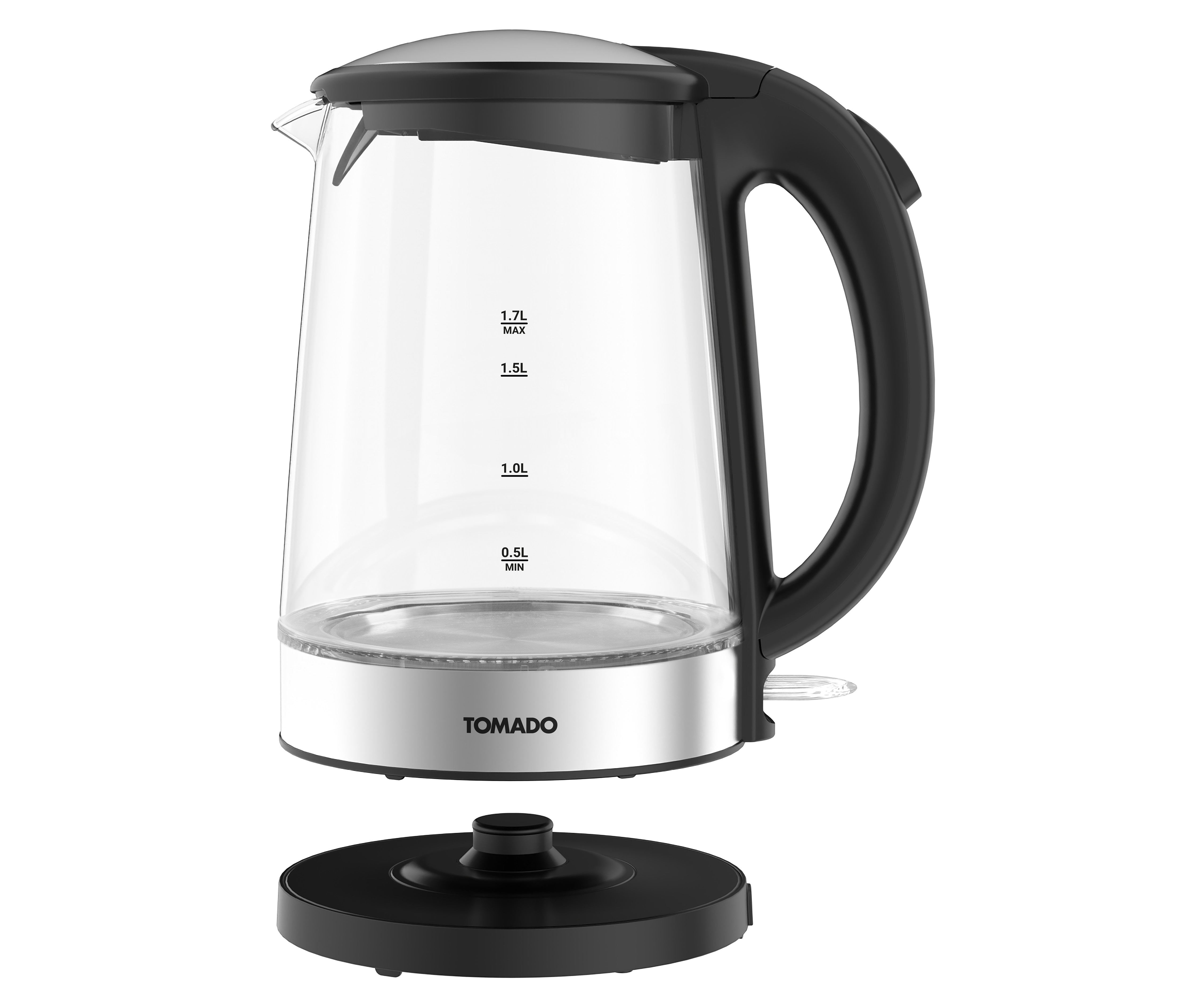 Une bouilloire électrique en verre transparent sur une base noire, avec une poignée noire.