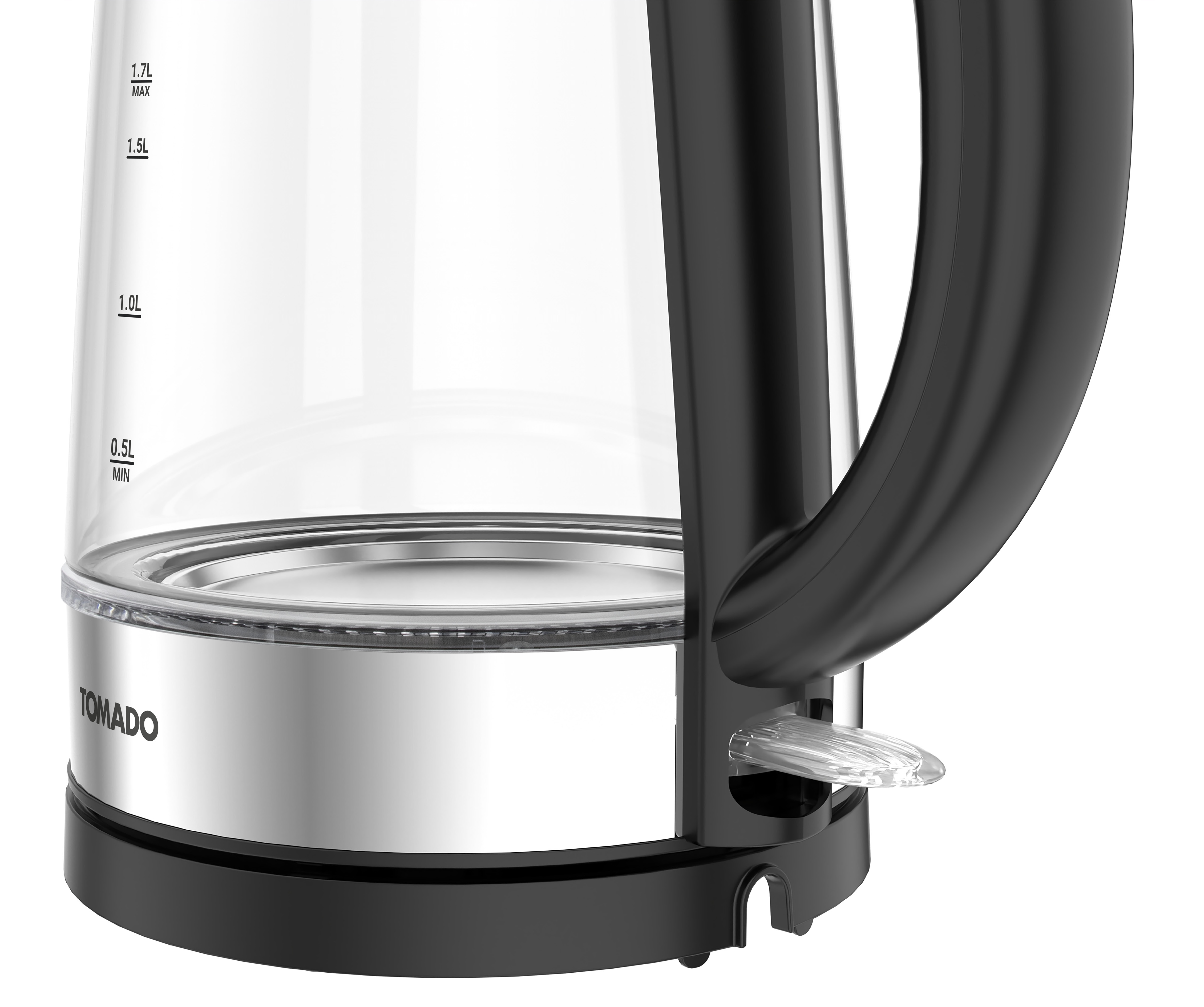 Gros plan d'une bouilloire électrique en verre transparent avec poignée et base noires.