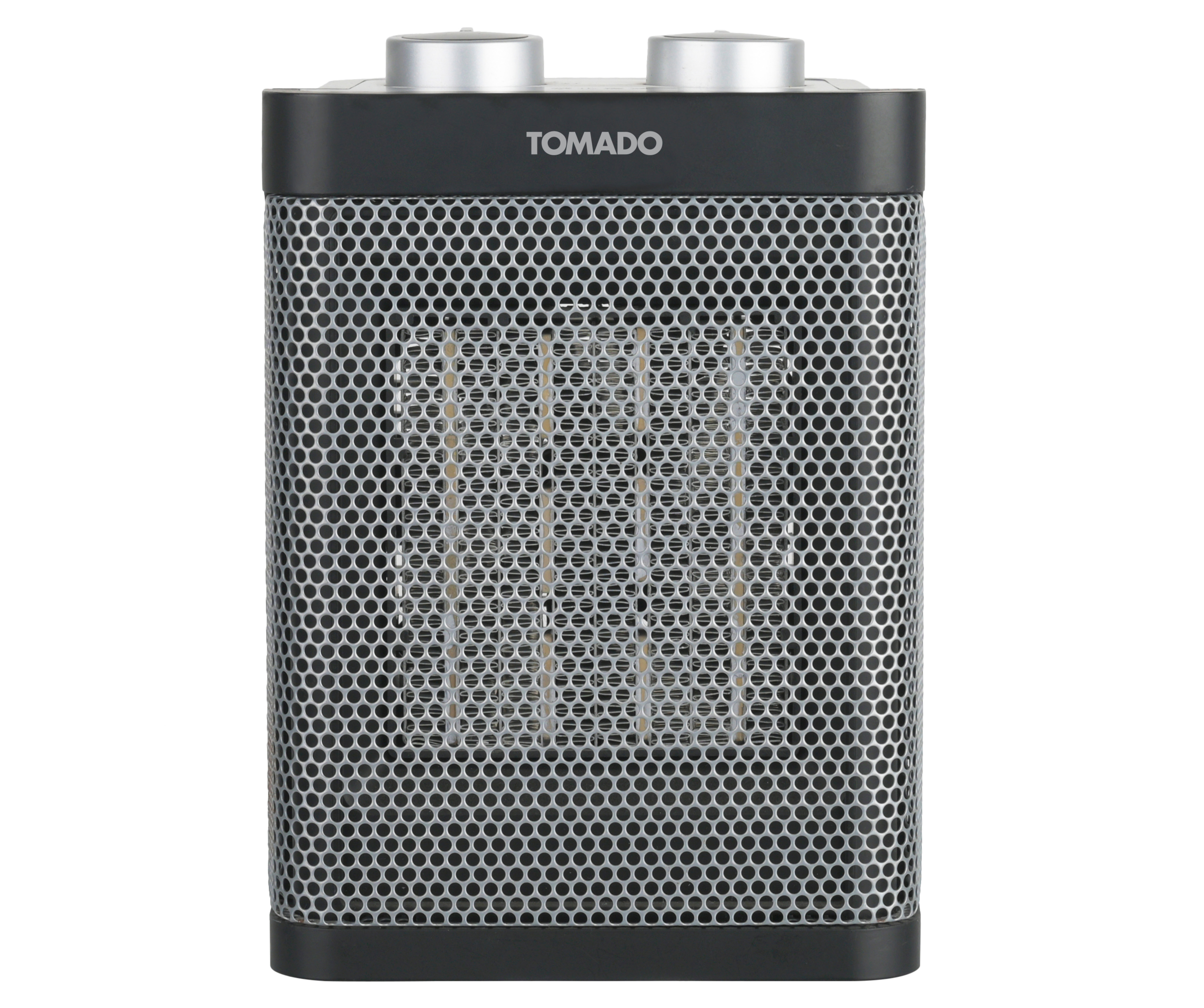 Zwarte elektrische ventilatorkachel met een gaasfront, twee knoppen en het merk 'TOMADO'.