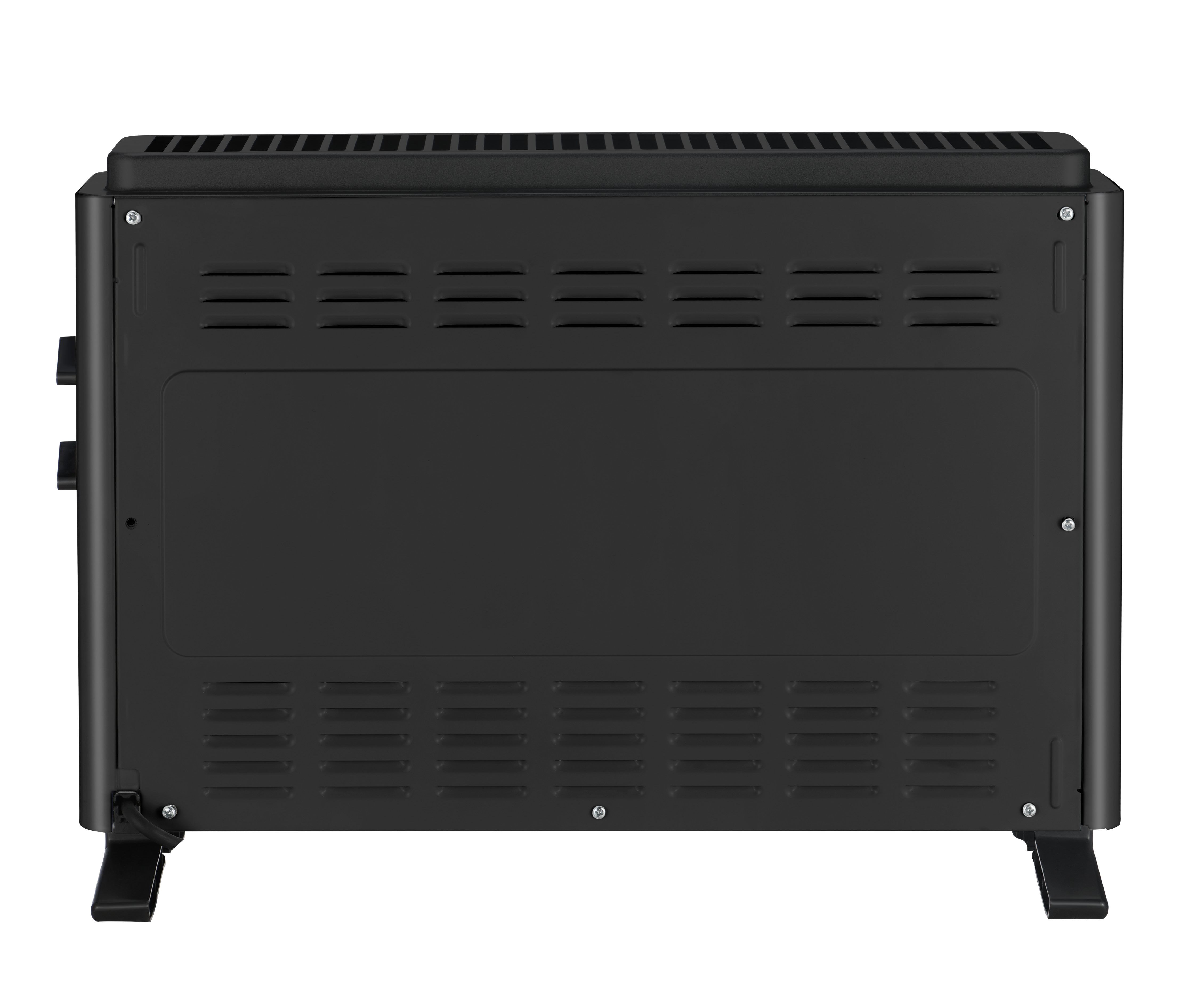 Schwarze Elektroheizung. Rückansicht mit Lüftungsschlitzen und Bedienelementen. Metallgehäuse.