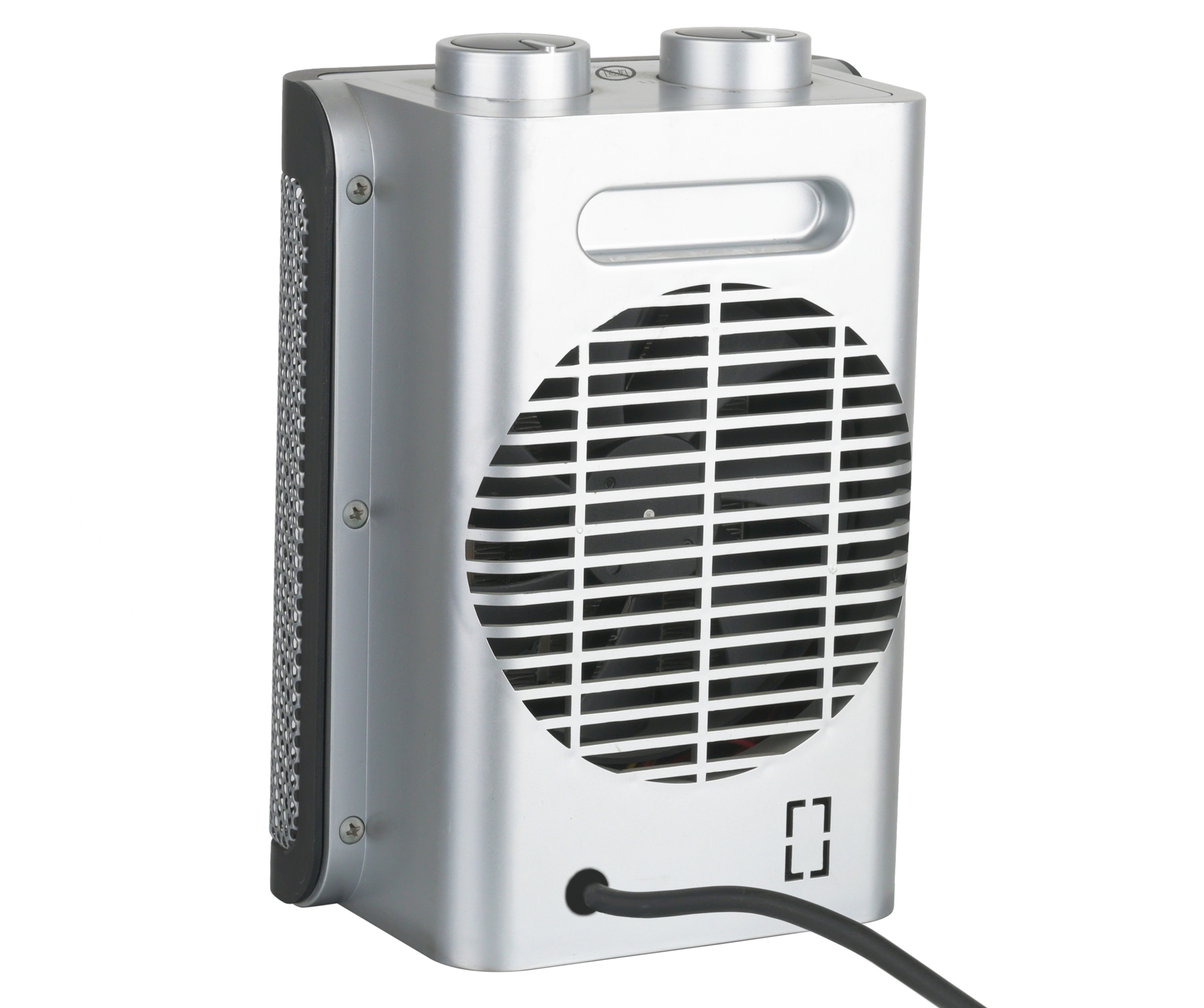 Zilveren ventilator met zwart gaas aan de zijkant. Twee knoppen aan de bovenkant. De merknaam is niet zichtbaar.