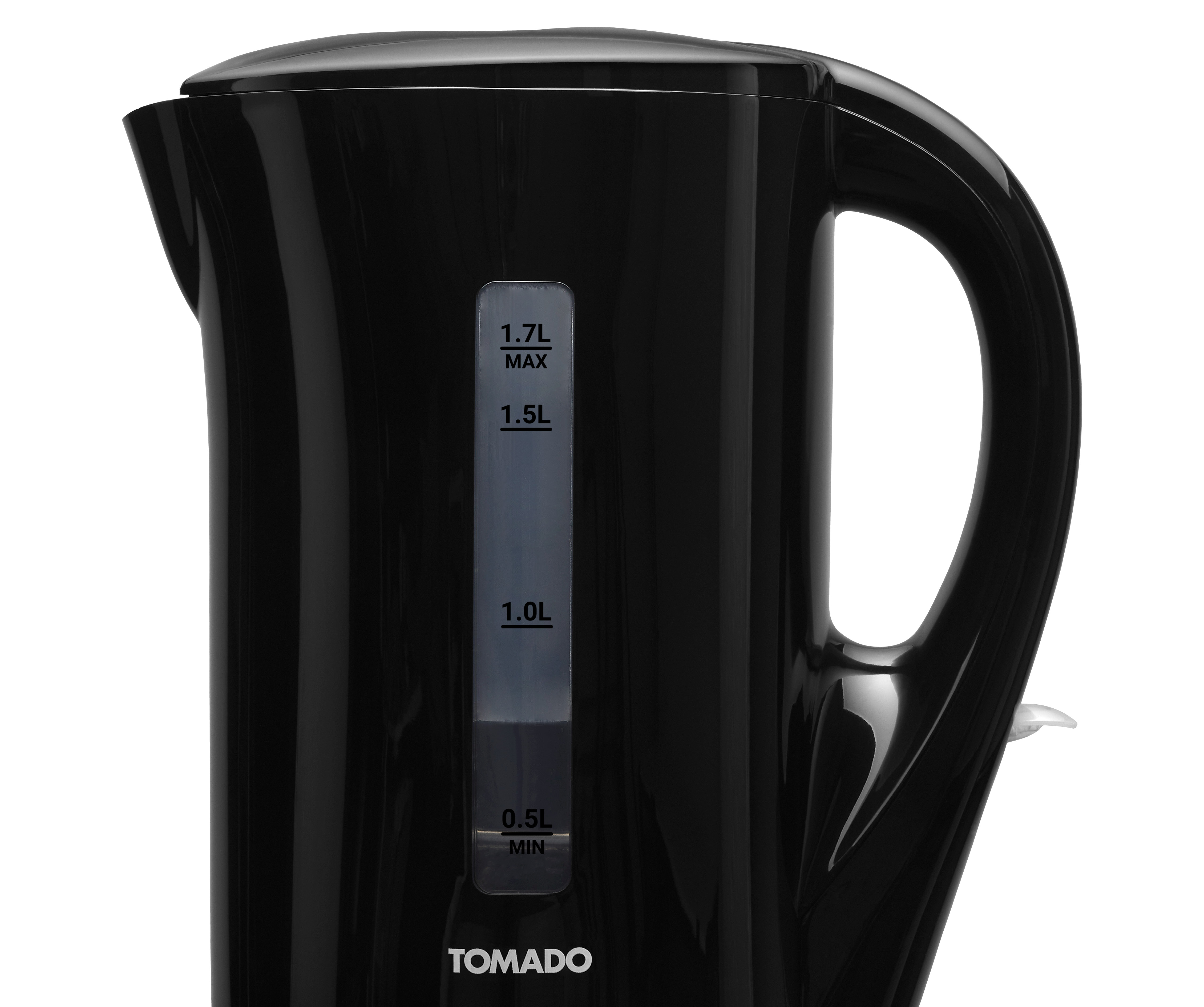 Schwarzer Wasserkocher mit Wasserstandsanzeige, weißer Hintergrund. Marke TOMADO.