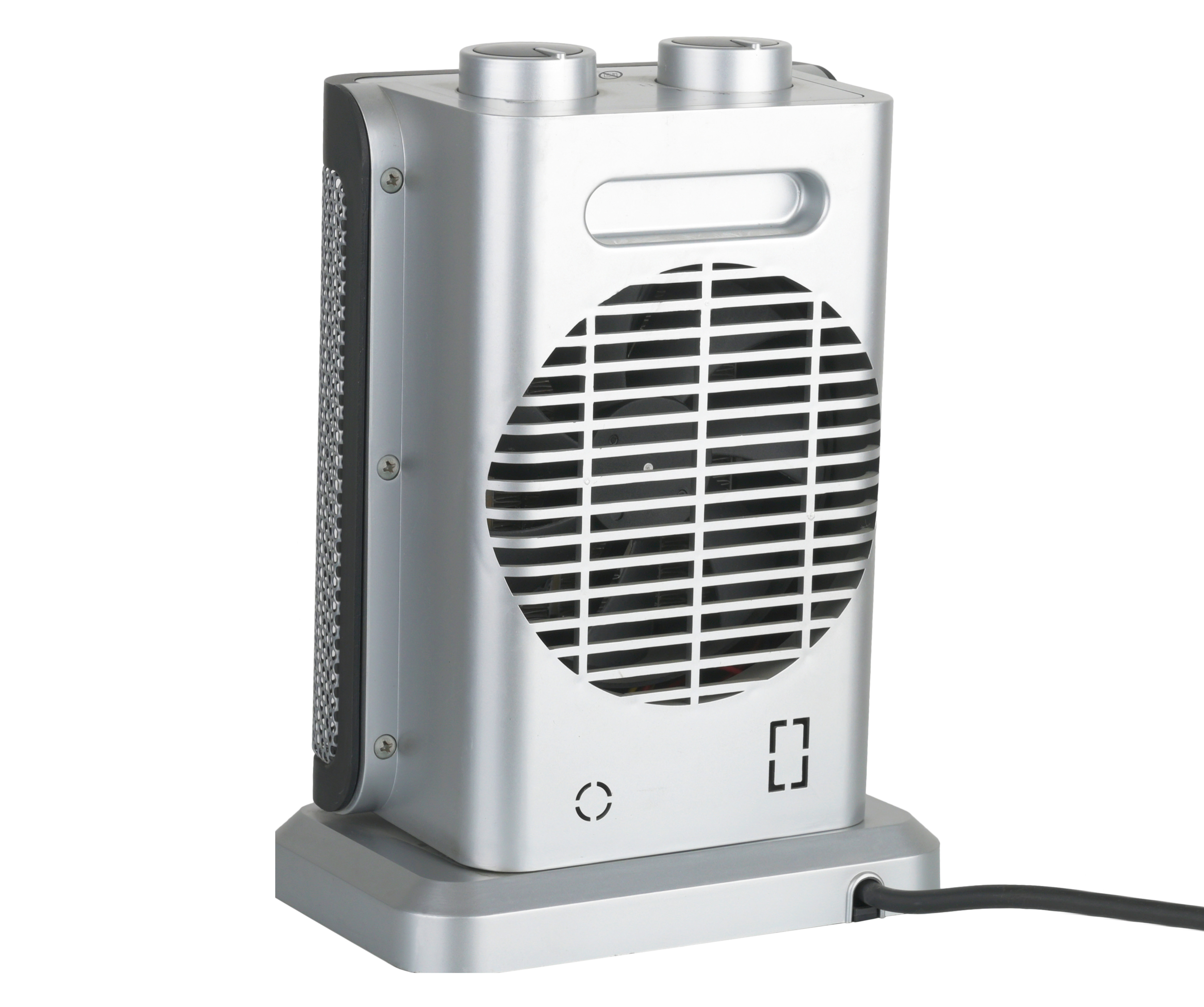 Zilveren elektrische ventilatorkachel met een ronde grill en twee bedieningsknoppen bovenop.