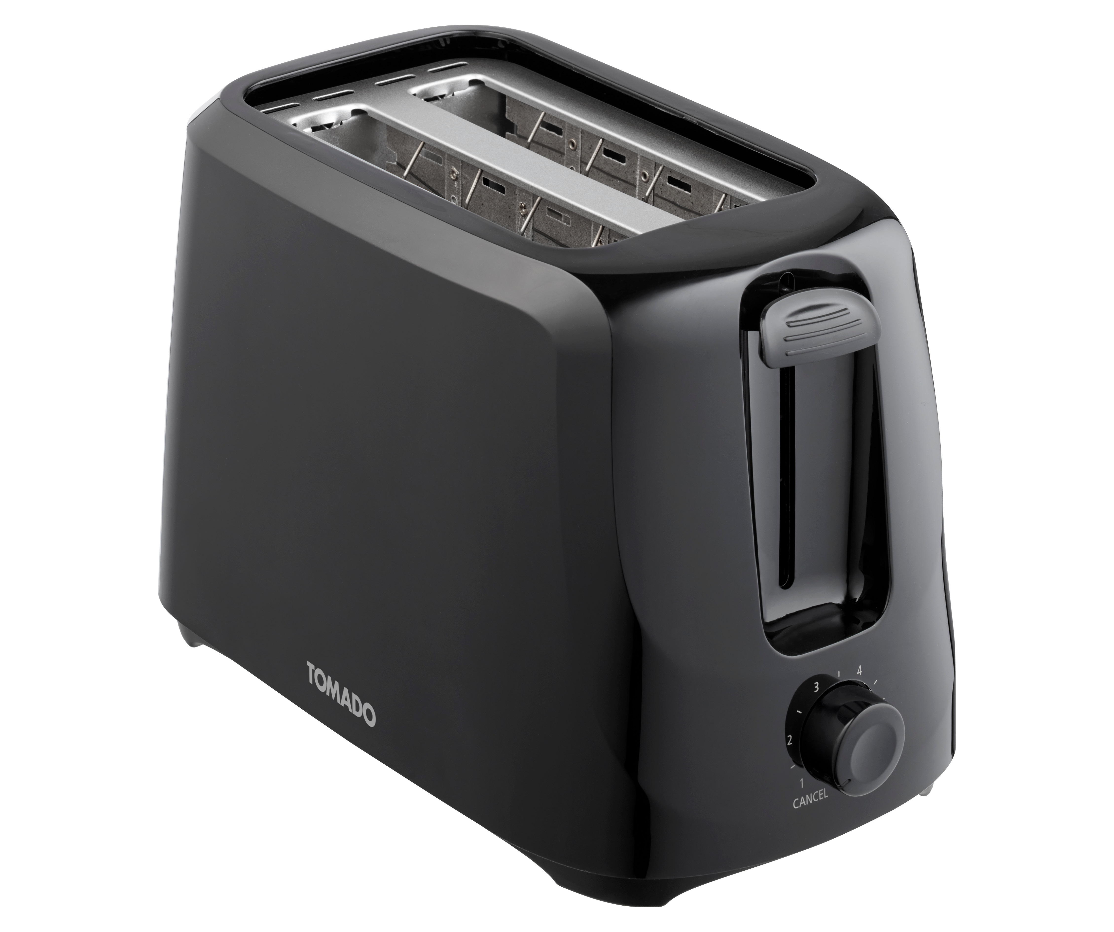 Black toaster on white background. Two slots are visible, and a dial for settings is at the front.