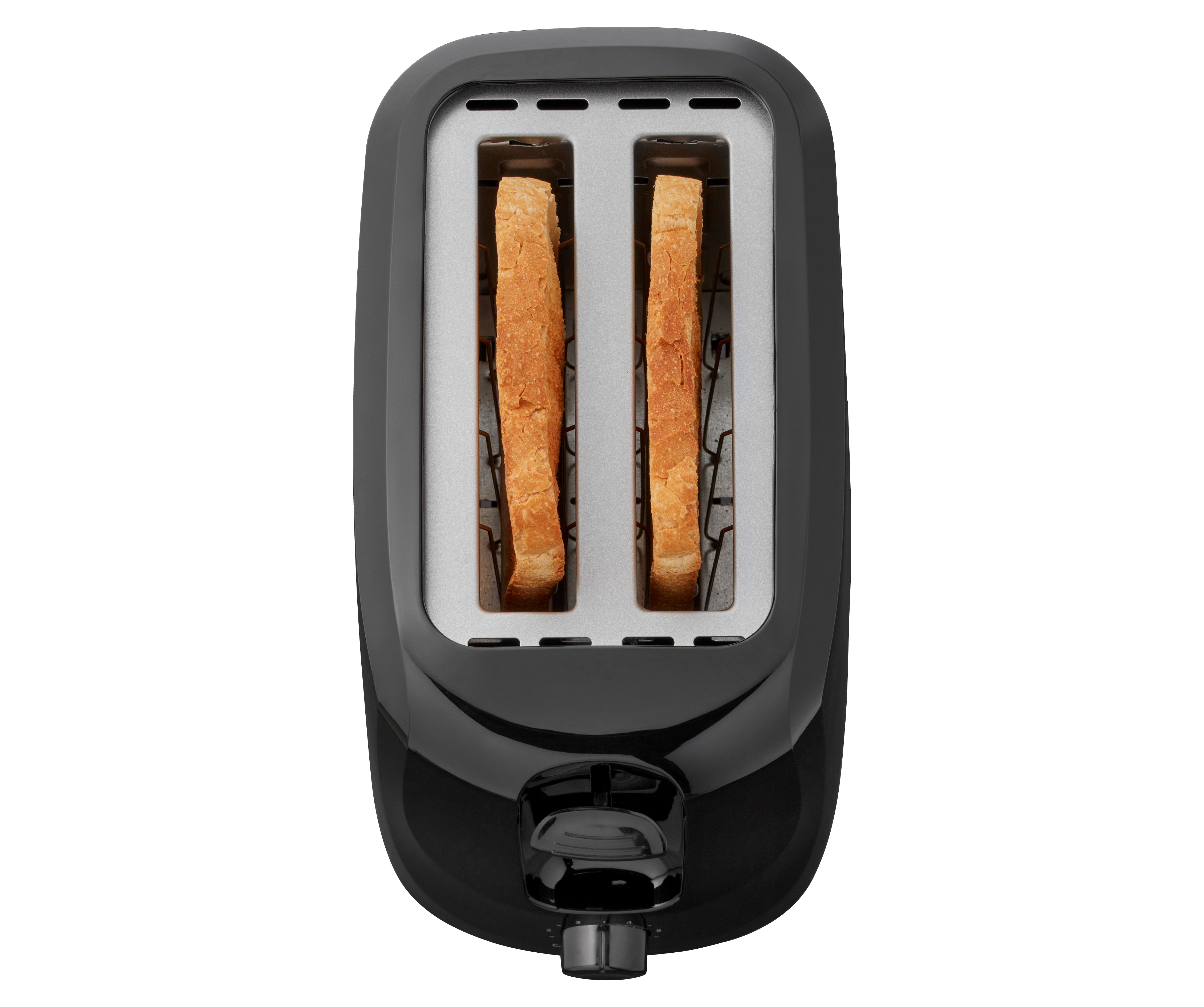 A black toaster with two slices of toasted bread inside. Top view.