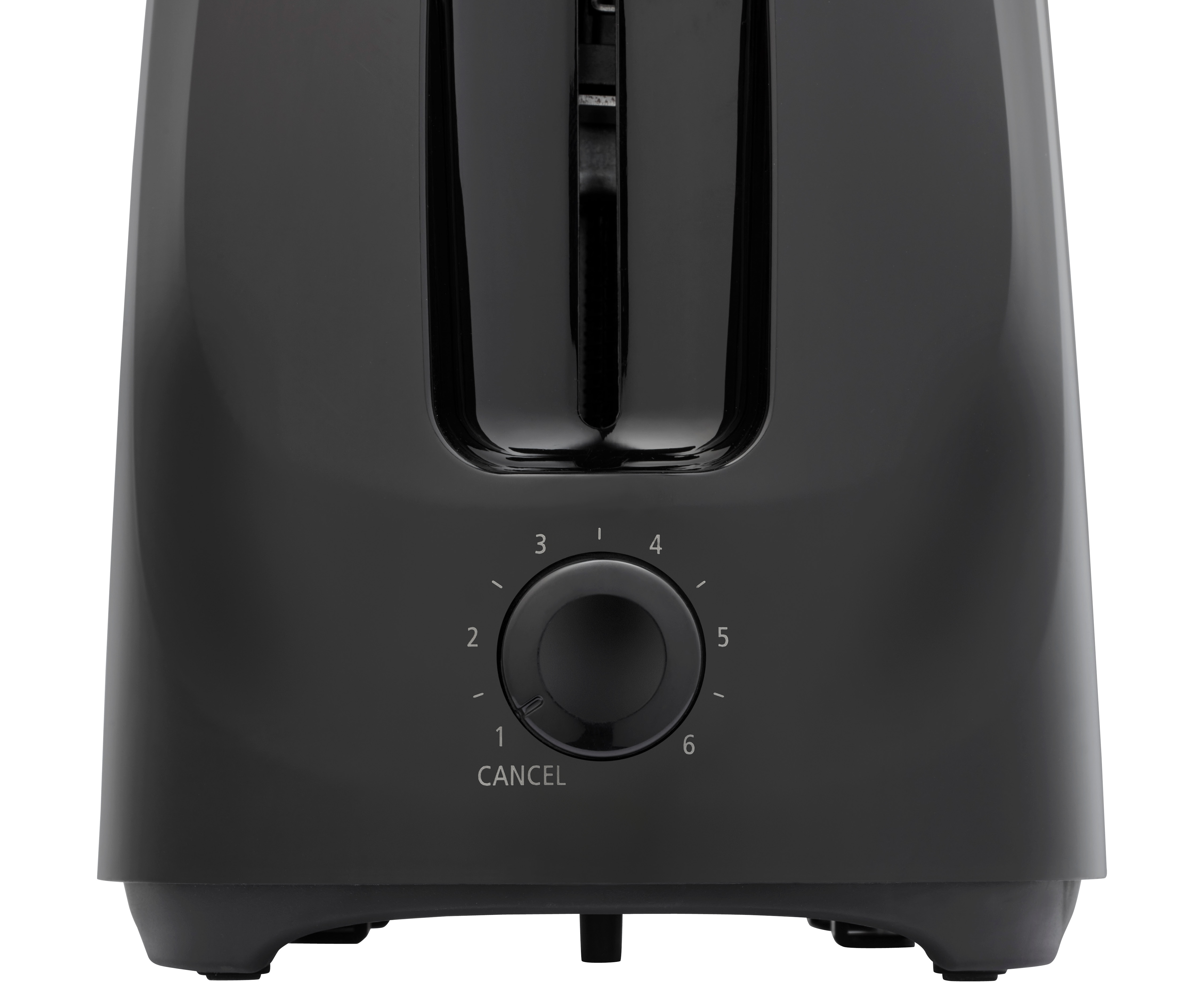 A black toaster with a knob to set the browning level, numbered 1 to 6, with a cancel button.