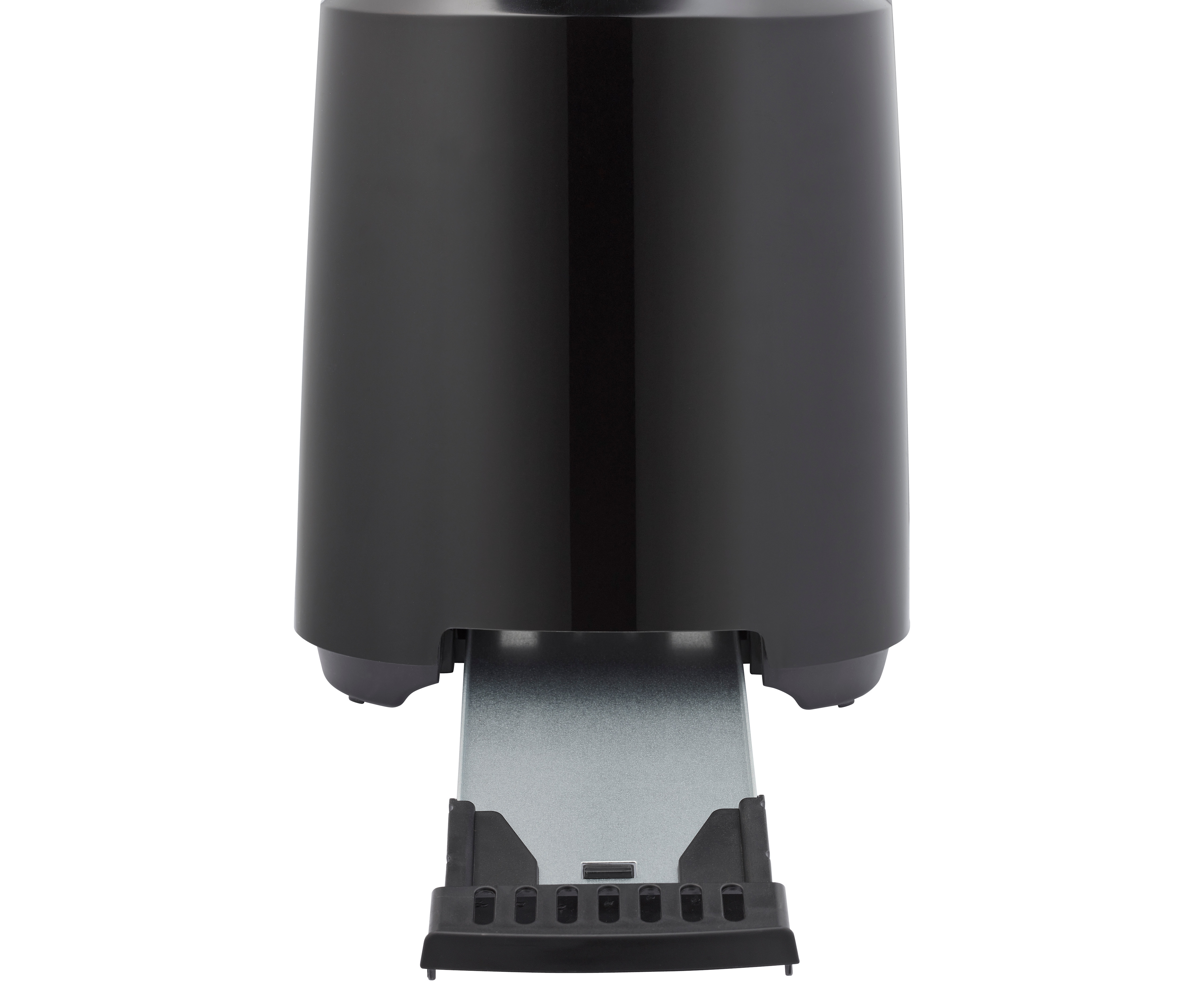 Black toaster. The slot is visible at the bottom. The brand name is not visible.