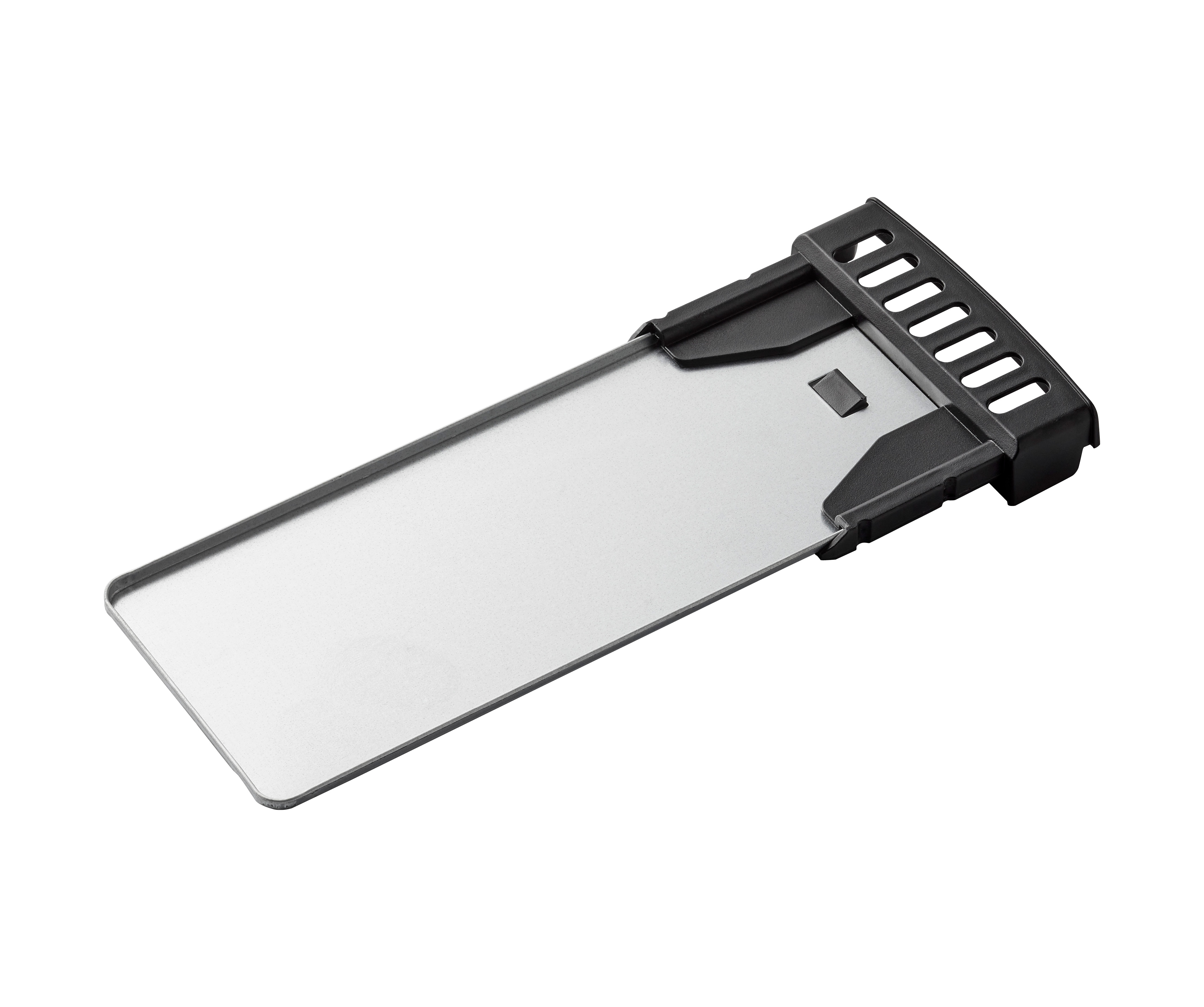 A silver metal rack with black plastic edges on a white background.