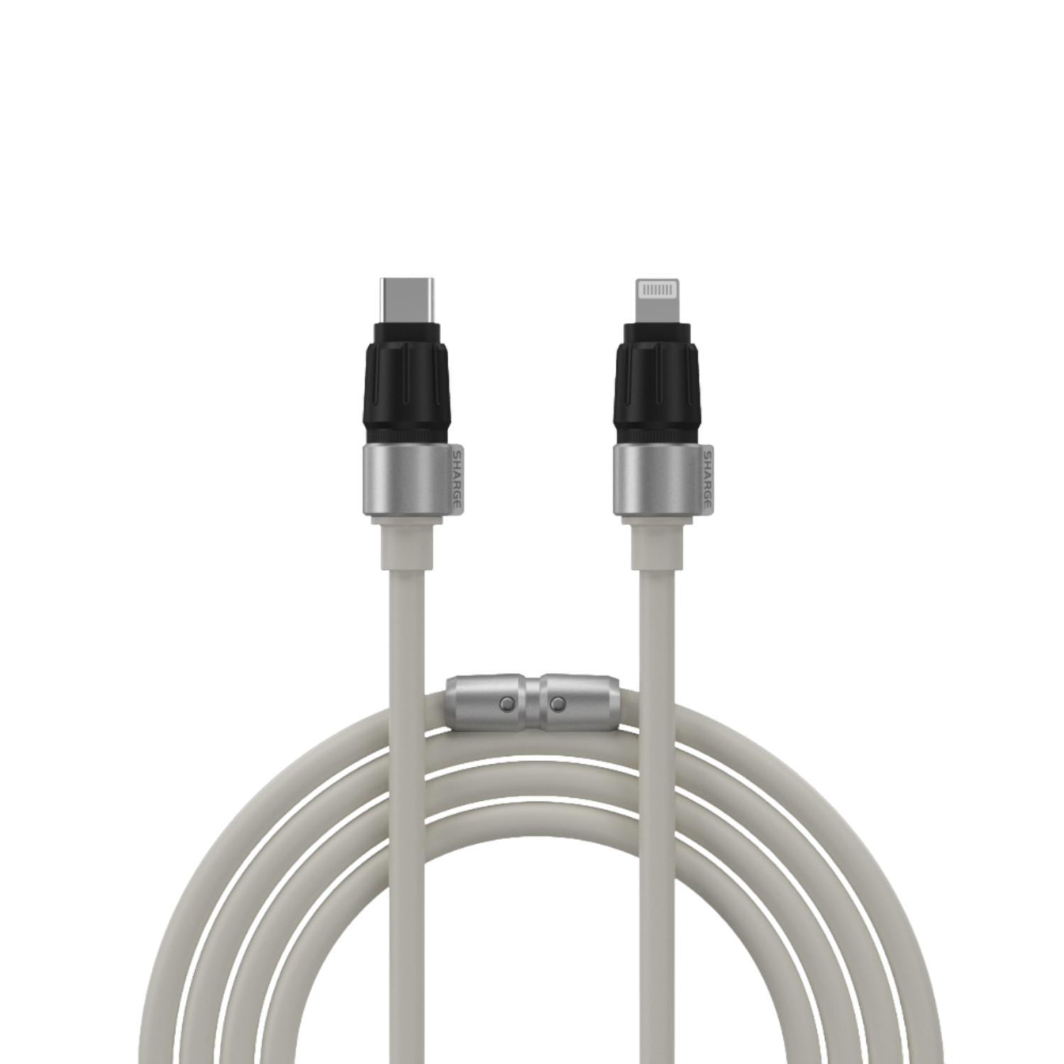 Deux câbles de chargement avec un connecteur USB-C et un connecteur Lightning sur fond blanc.