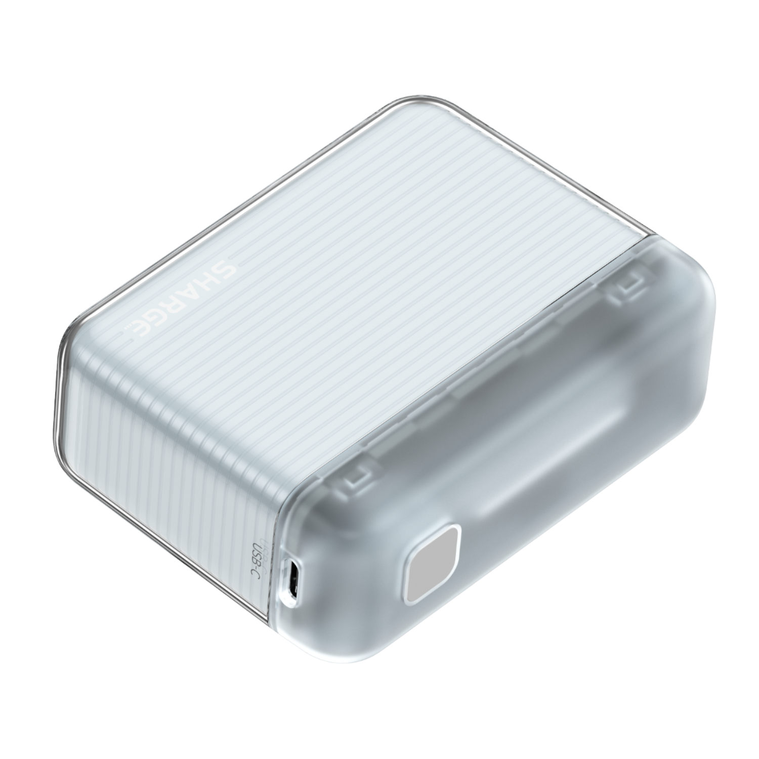 Une petite batterie externe rectangulaire avec un boîtier transparent et un port USB-C. Fond noir.
