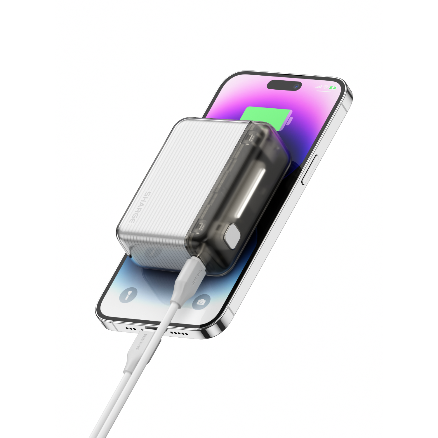 Batterie externe chargeant un smartphone. Câble blanc connecte les appareils. Charge sur le tel.