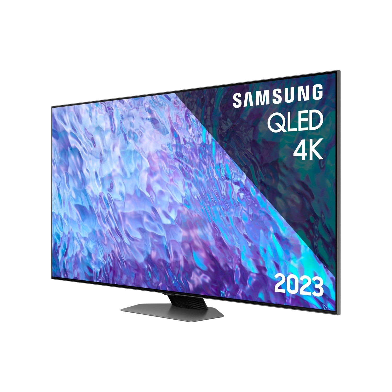 Telewizor Samsung QLED 4K pokazujący kolorowy, abstrakcyjny wzór z tekstem. Telewizor jest pod kątem.