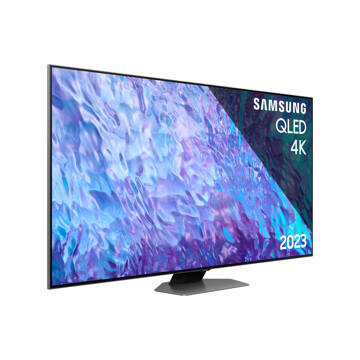 Telewizor Samsung QLED 4K, wyświetlający żywy niebiesko-fioletowy obraz, czarna podstawa.