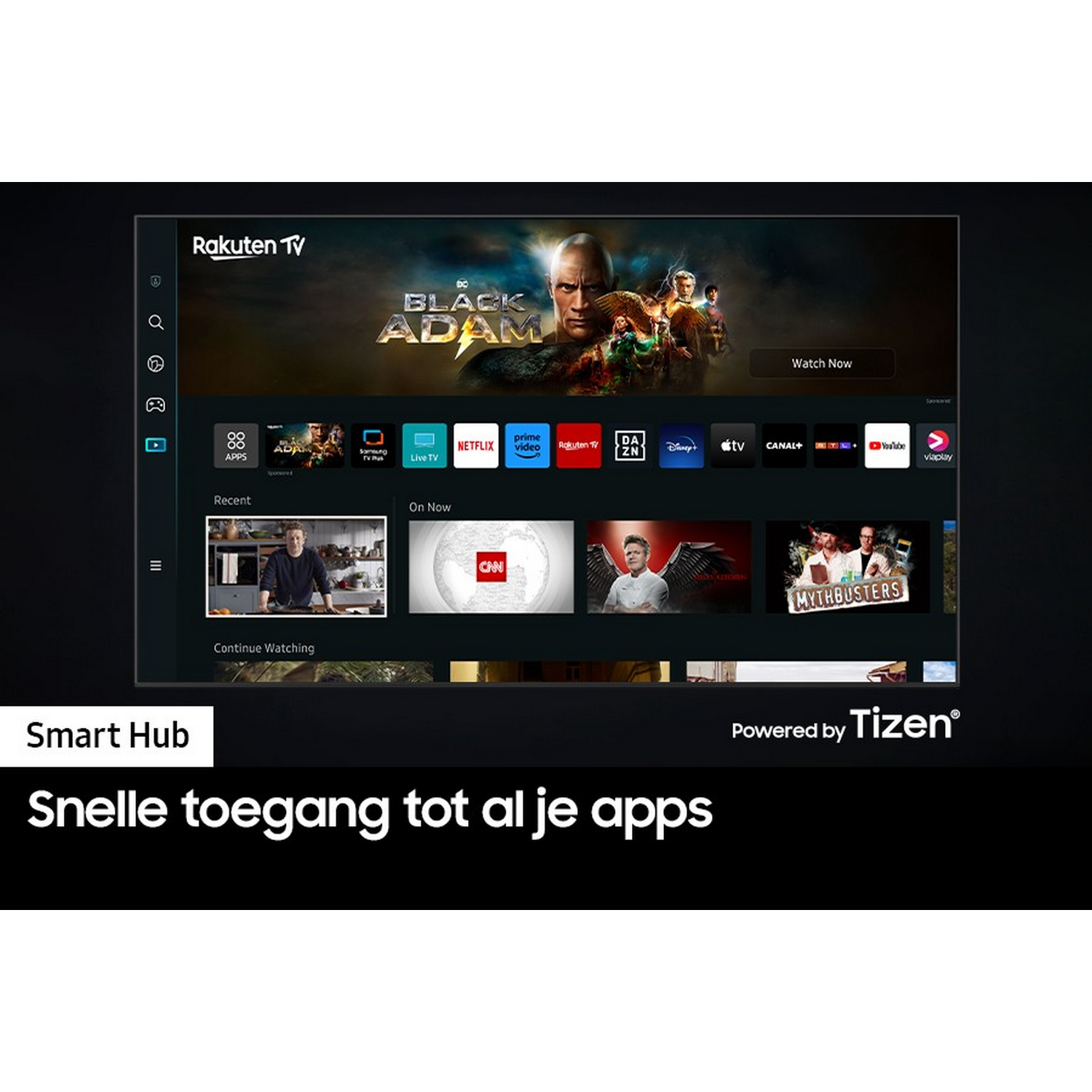 Ekran telewizora Smart Hub z aplikacjami i filmem 'Black Adam', z tekstem na dole.