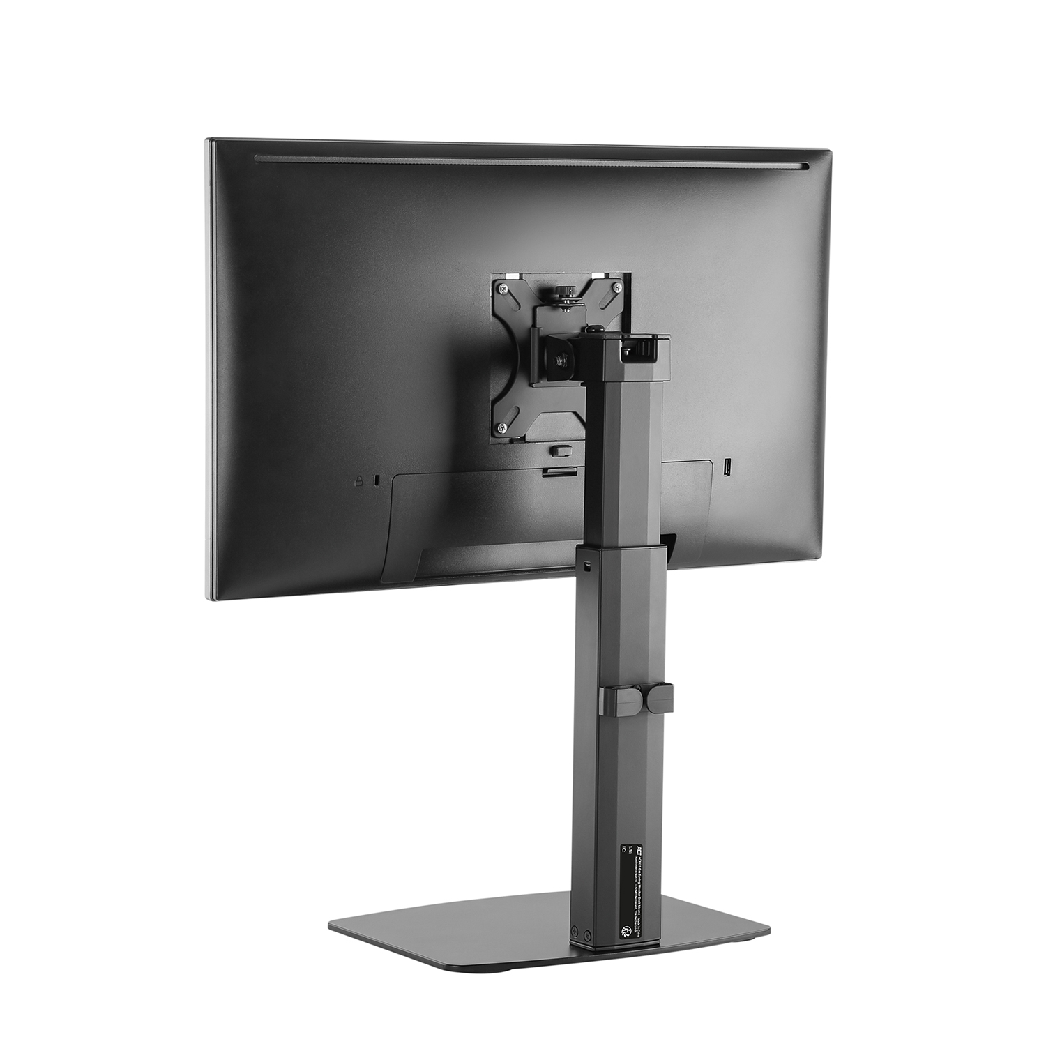 Achterkant van een computermonitor met een standaard. De standaard is zwart.