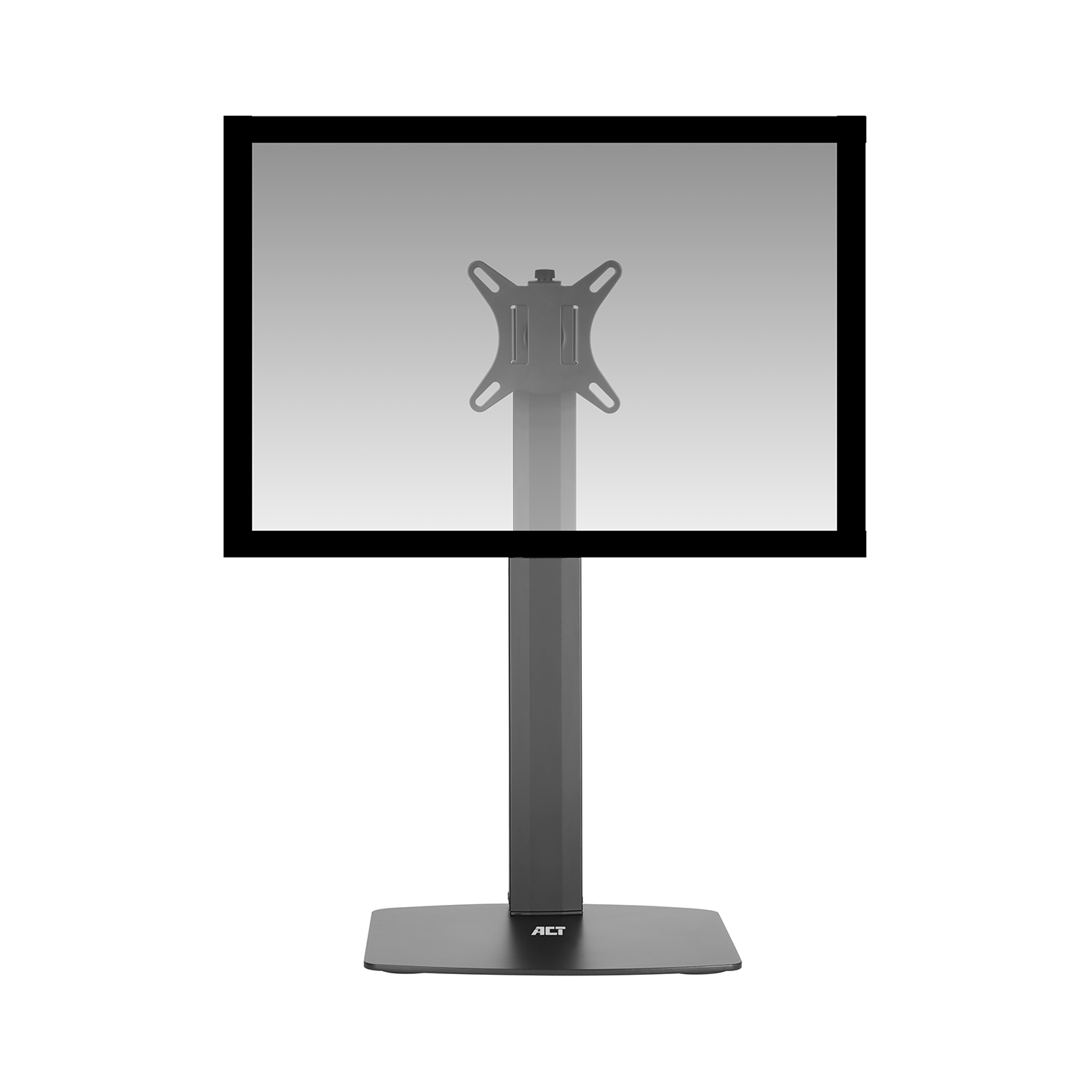 Een zwarte monitorstandaard met een monitorframe op een witte achtergrond.