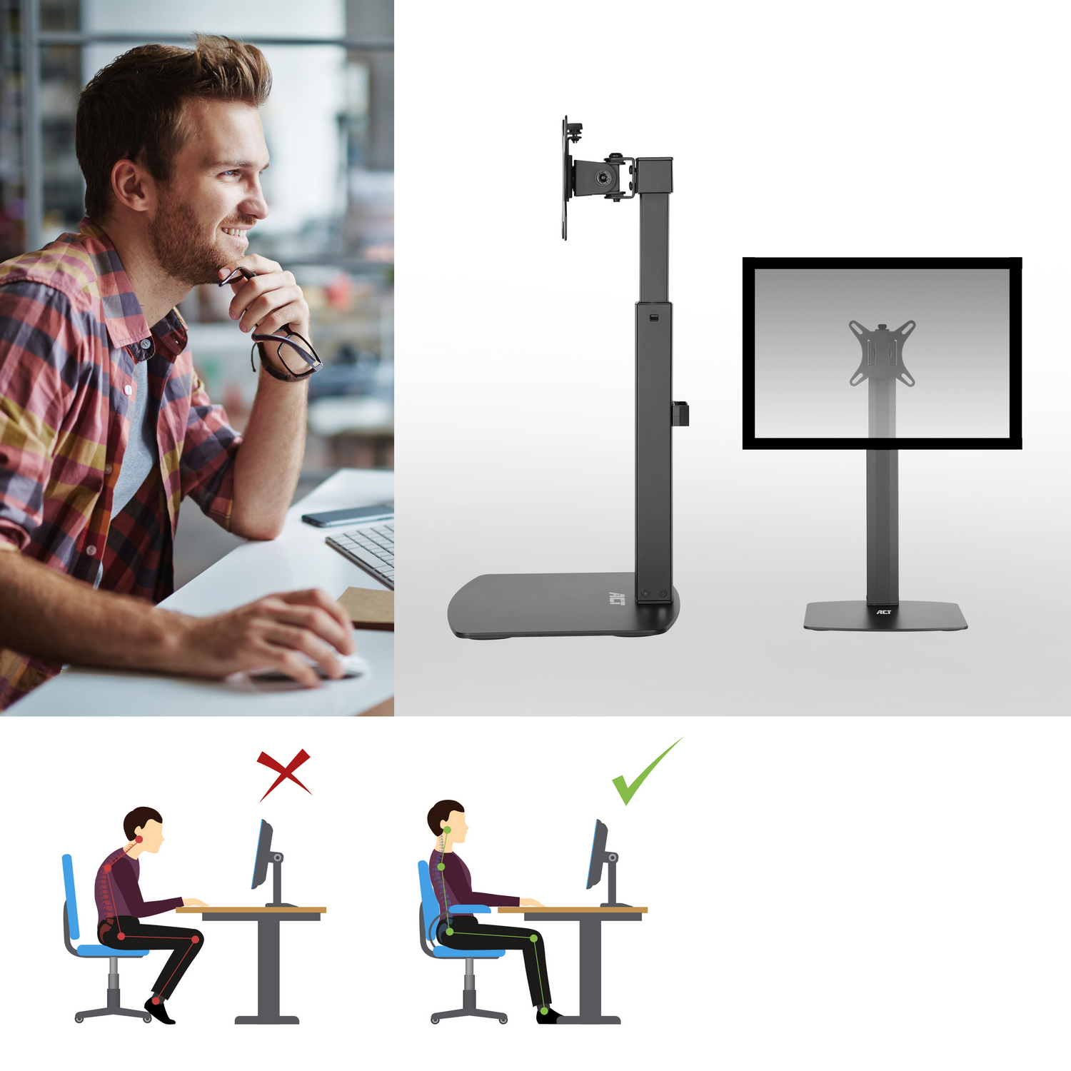 Man die een computer en monitor setup gebruikt. Displaystandaard en voorbeelden van correcte houding worden getoond.