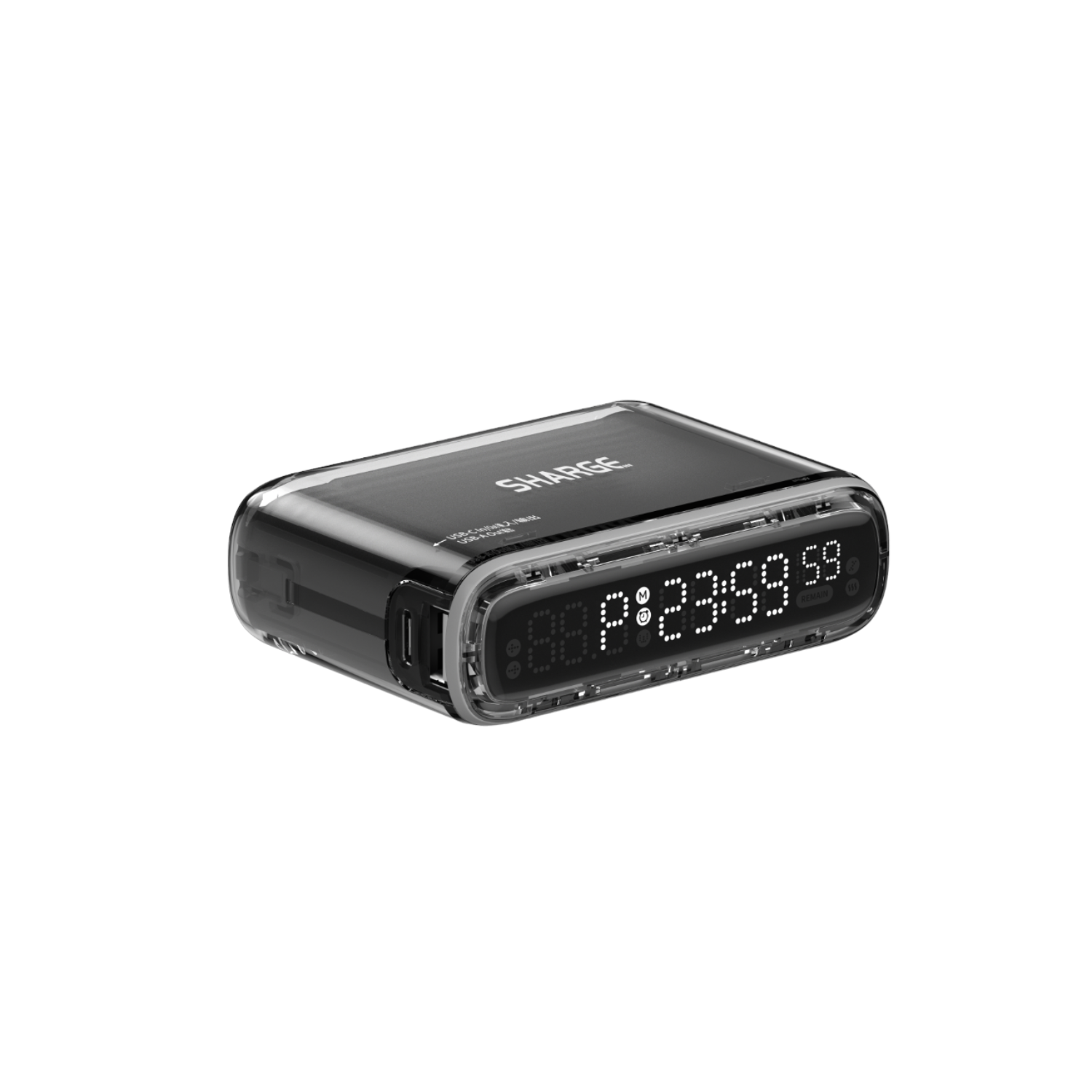 Een transparante zwarte powerbank. Het apparaat toont een digitaal display en USB-poorten.