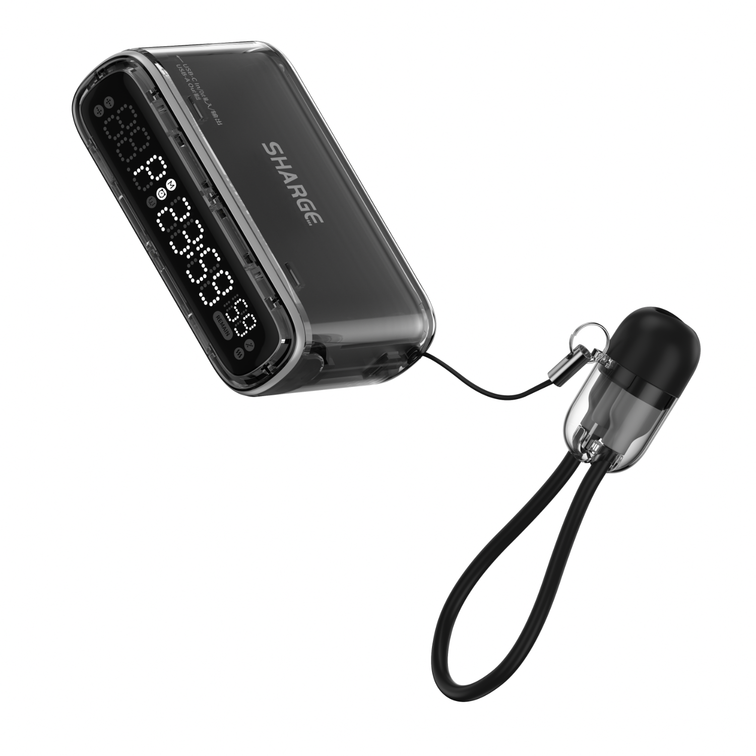 Zwarte en transparante powerbank met display, zwart koord en zwarte dop aan het uiteinde.