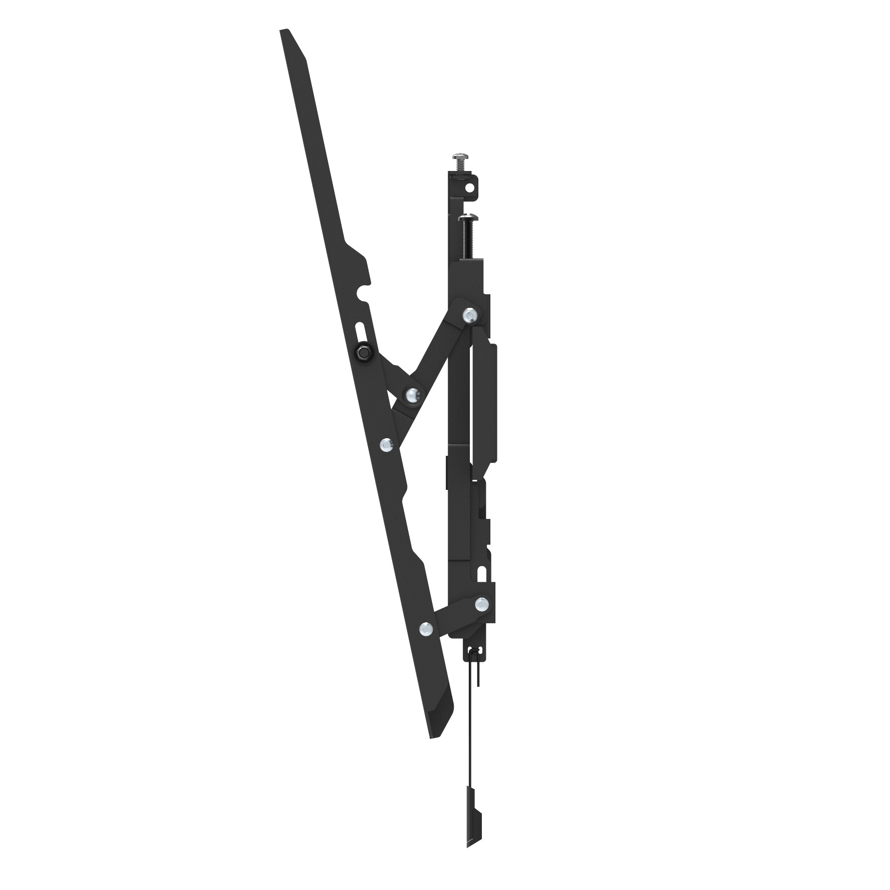 Black TV wall mount. Side view.  Complex design with many parts.