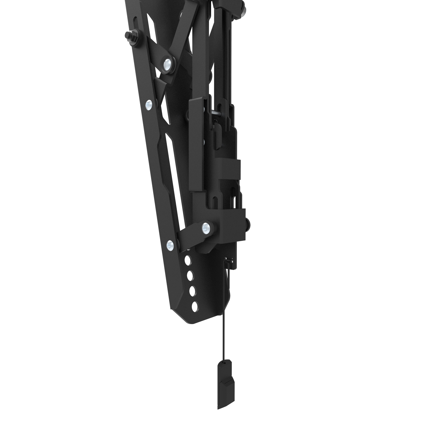 Black TV wall mount. Metal construction with multiple holes and a cord. White background.