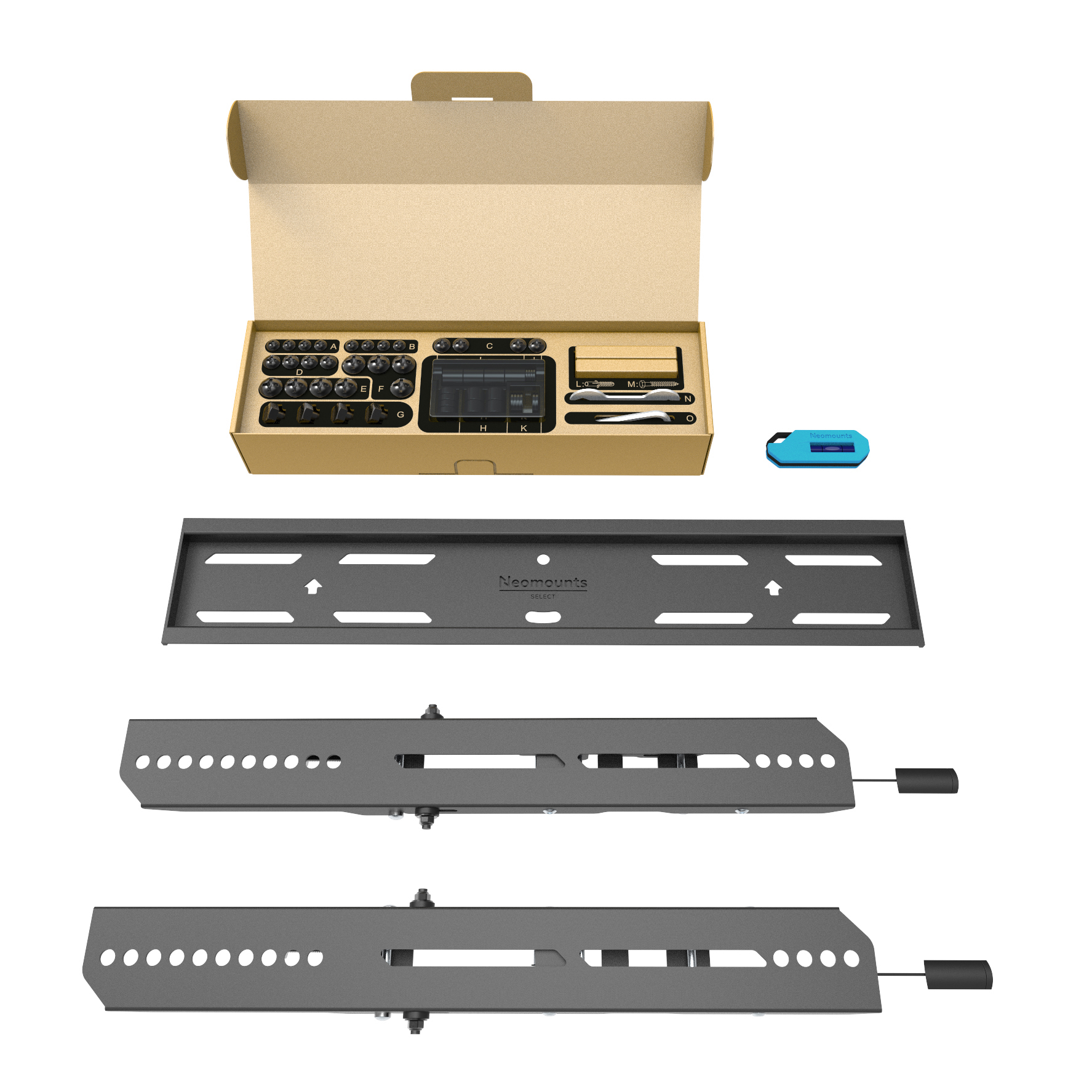Box of mounting accessories, mounting plates, and tools.