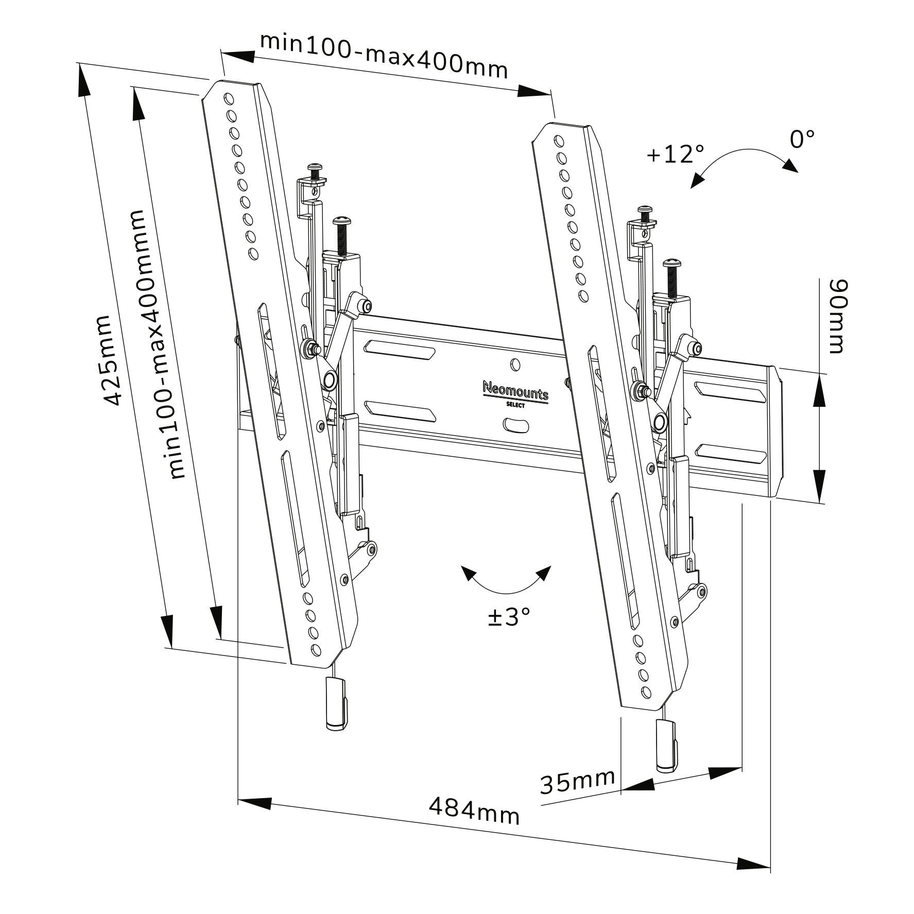 Technical drawing of a TV mount with dimensions and angles, with a black and white style.