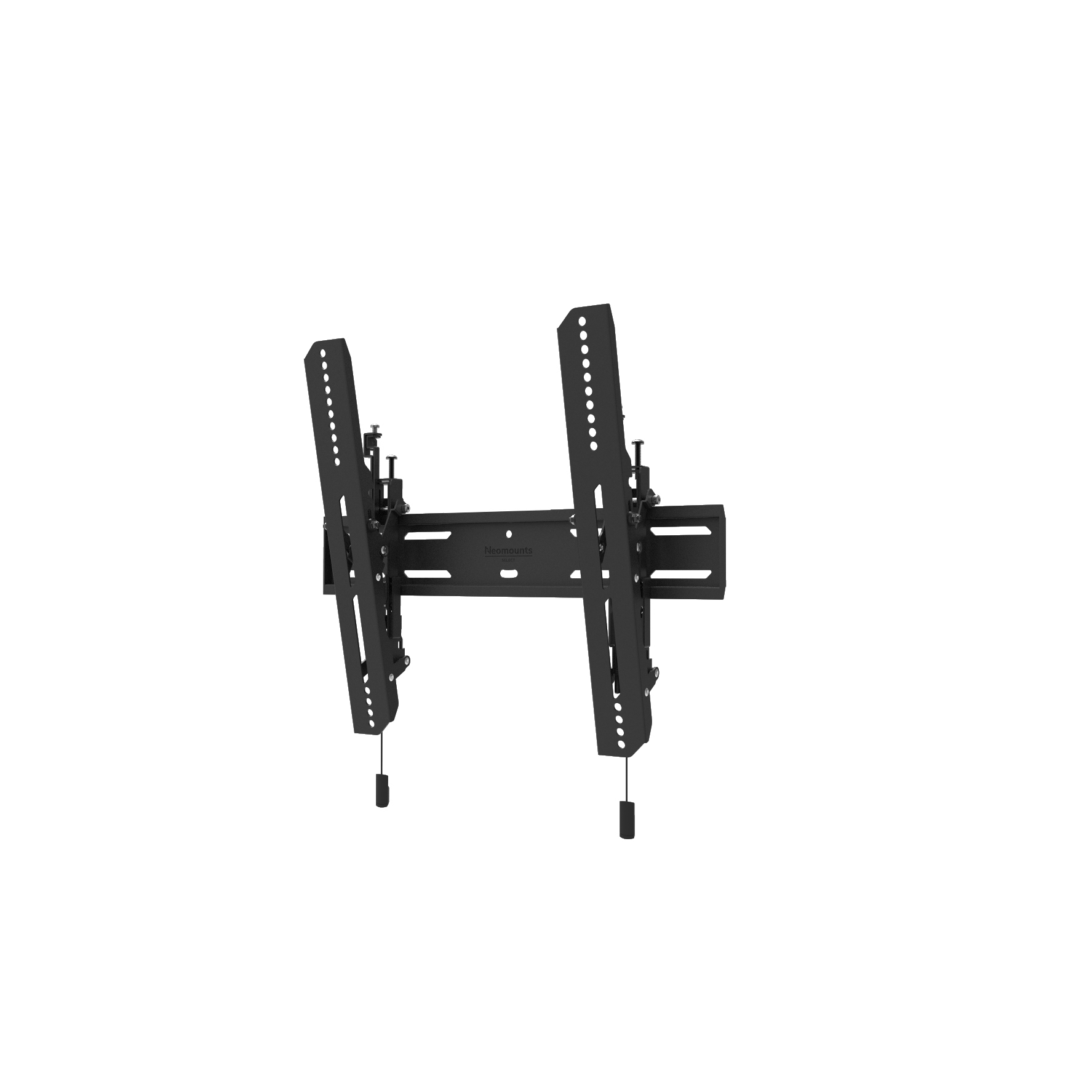 Black TV mount. Two arms with mounting holes. White background.
