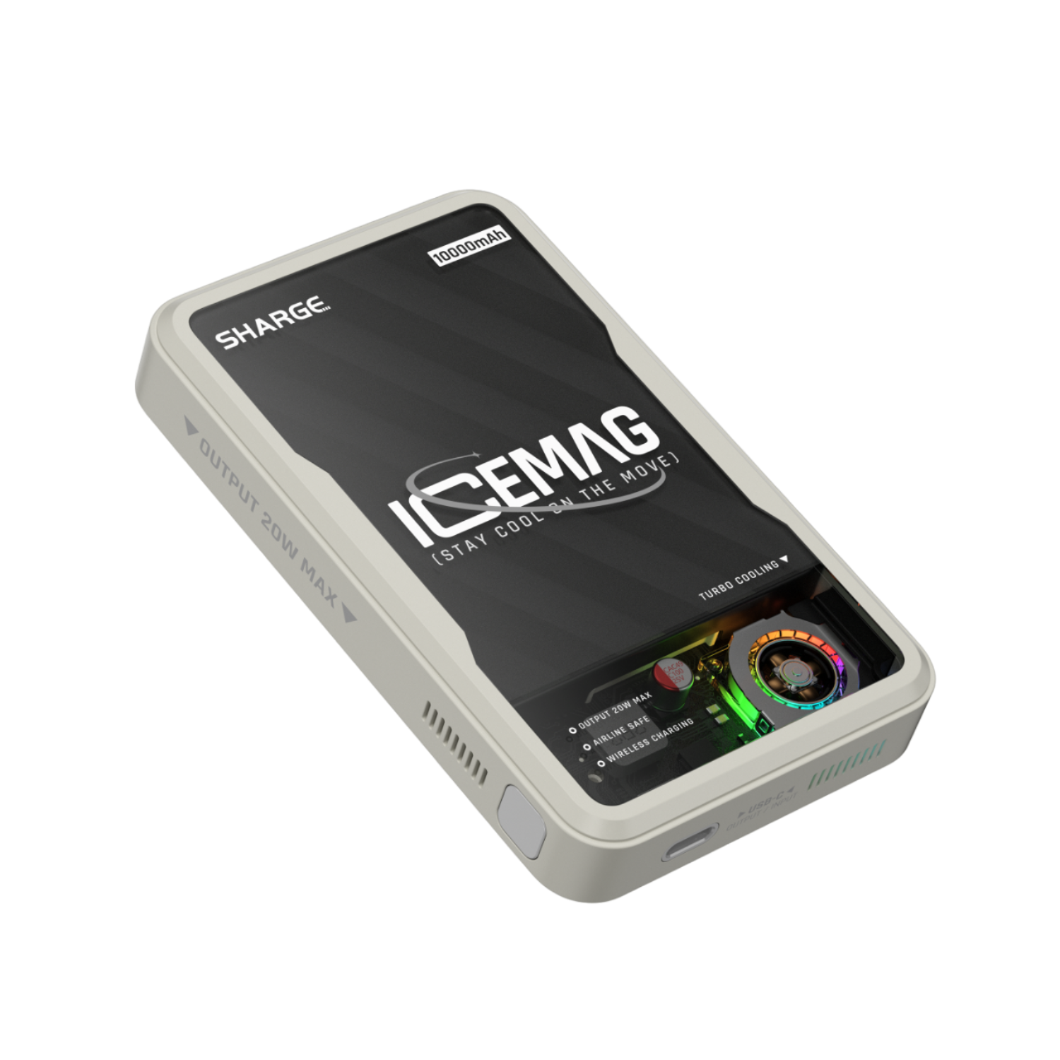 Powerbank met scherm. Wit en zwart ontwerp, met logo. 'Turbo Cooling'.