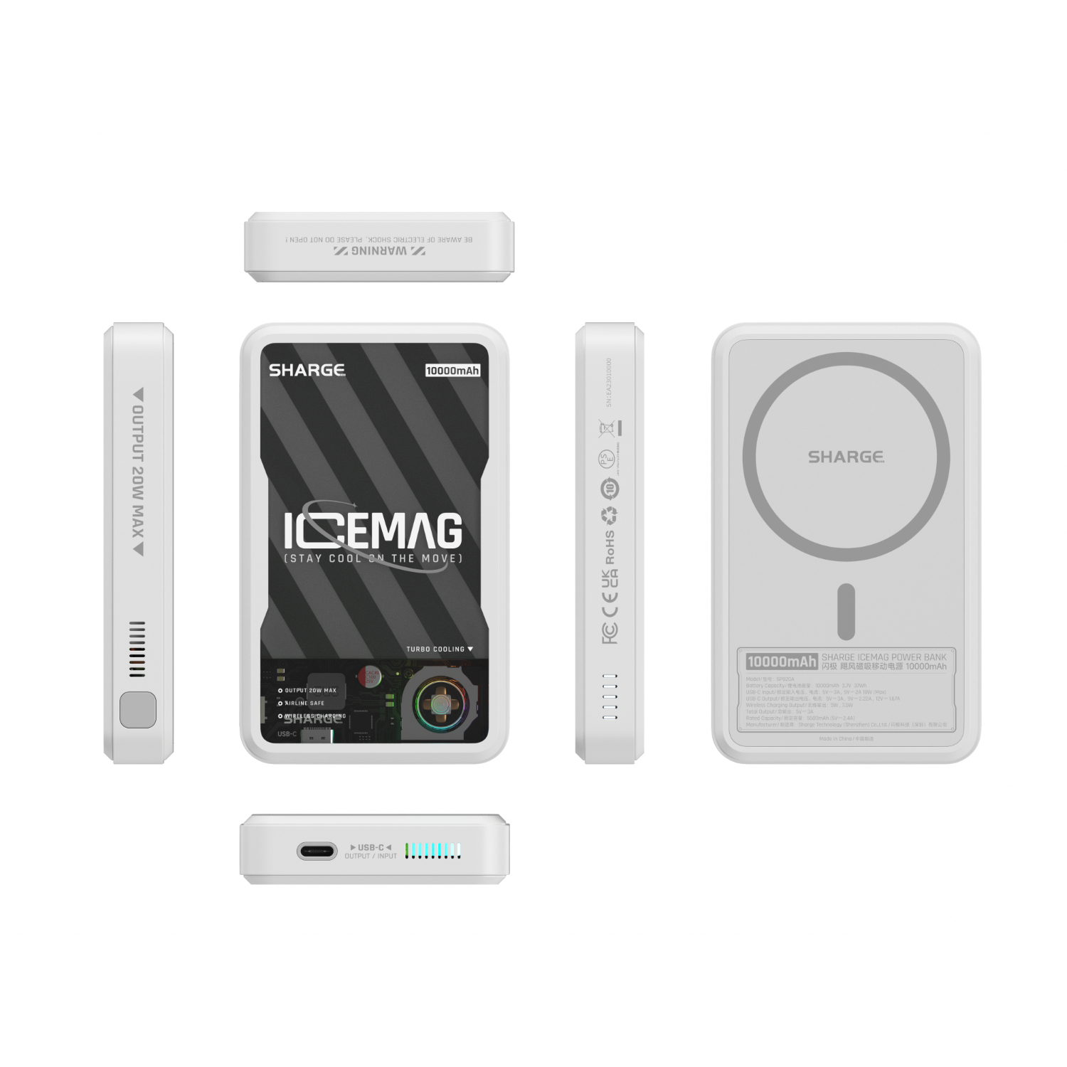 Powerbank, meerdere weergaven, witte achtergrond. Functies zichtbaar, branding.