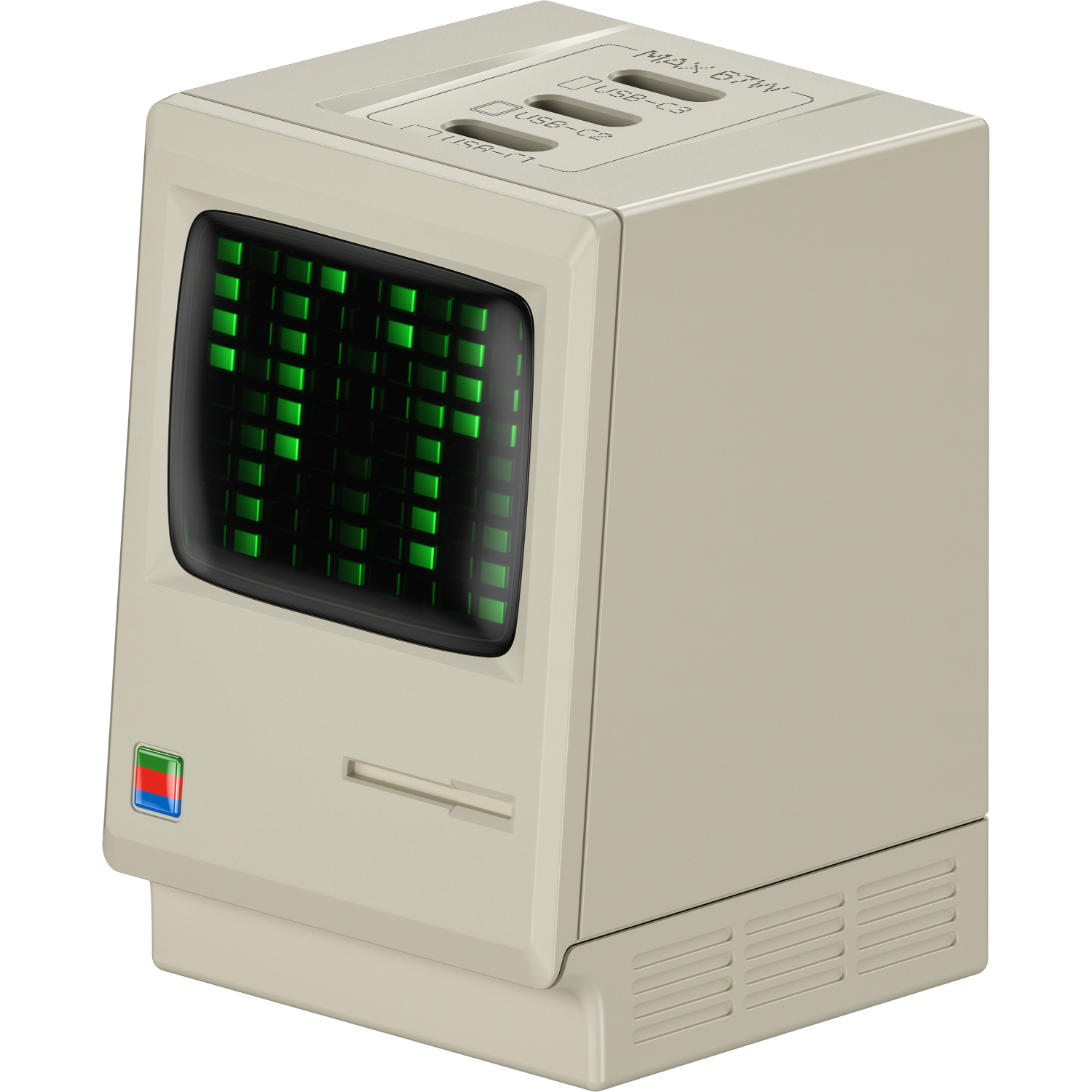 Caricatore per computer retrò con schermo verde, lo schermo è verde.
