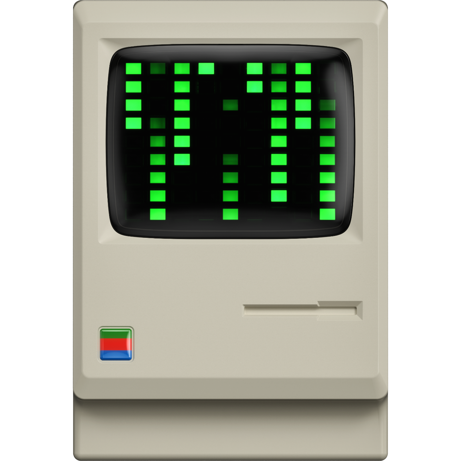 Monitor per computer vintage con display pixelato verde. Lo schermo mostra quadrati verdi.