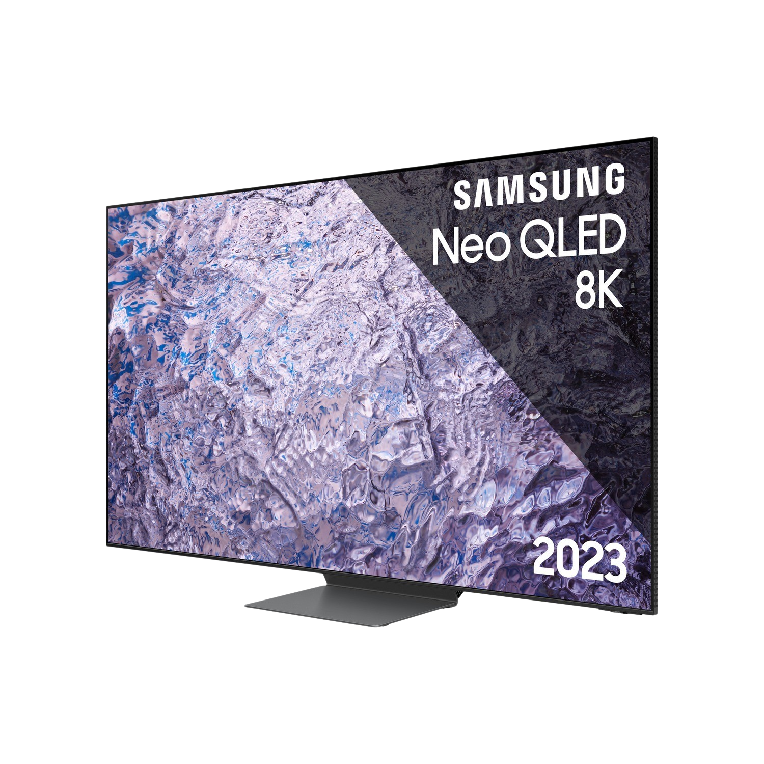 Samsung Neo QLED 8K TV, widok z boku, czarny ekran z tekstem '2023'.
