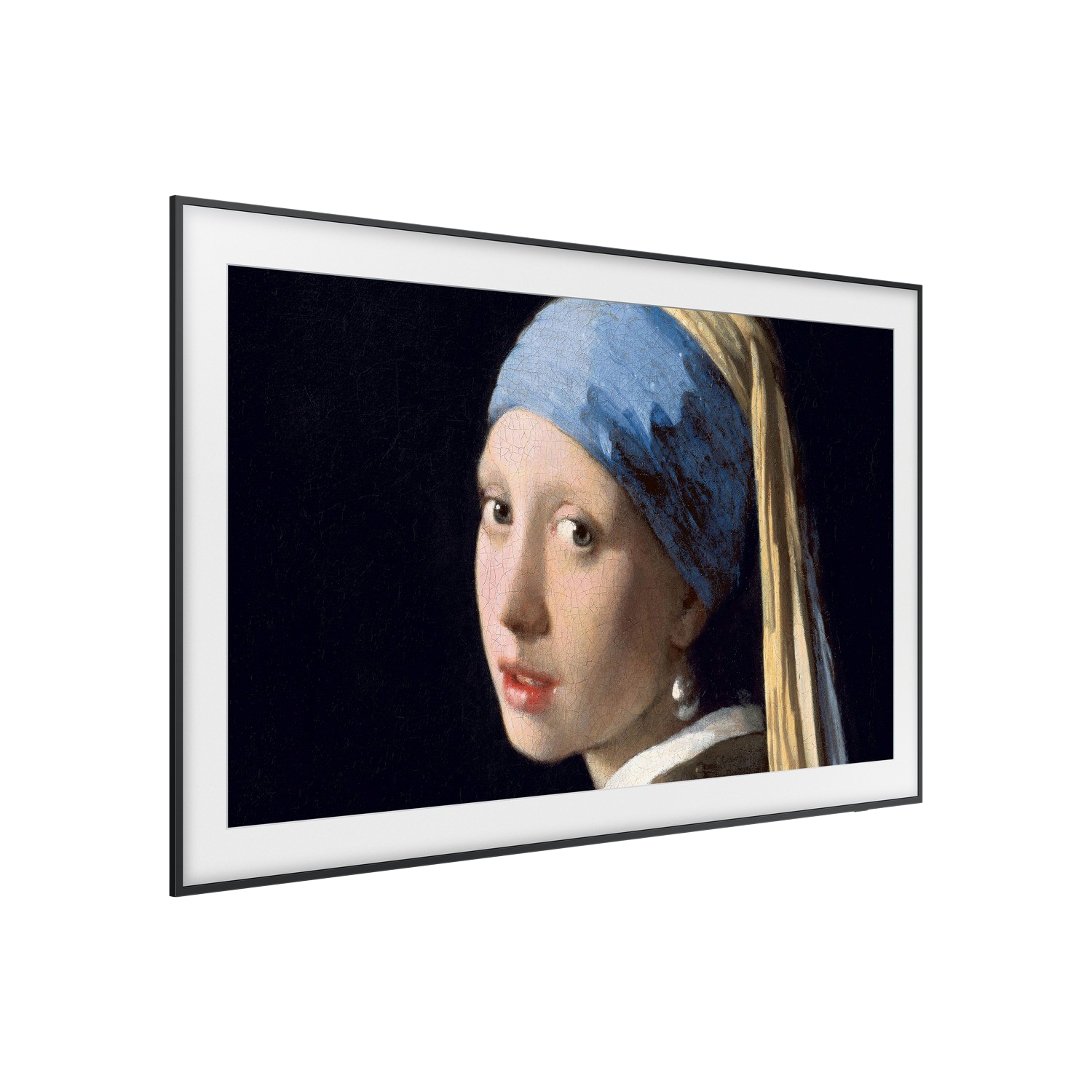 Obraz kobiety z perłowym kolczykiem w czarnej ramie. Ciemne tło.