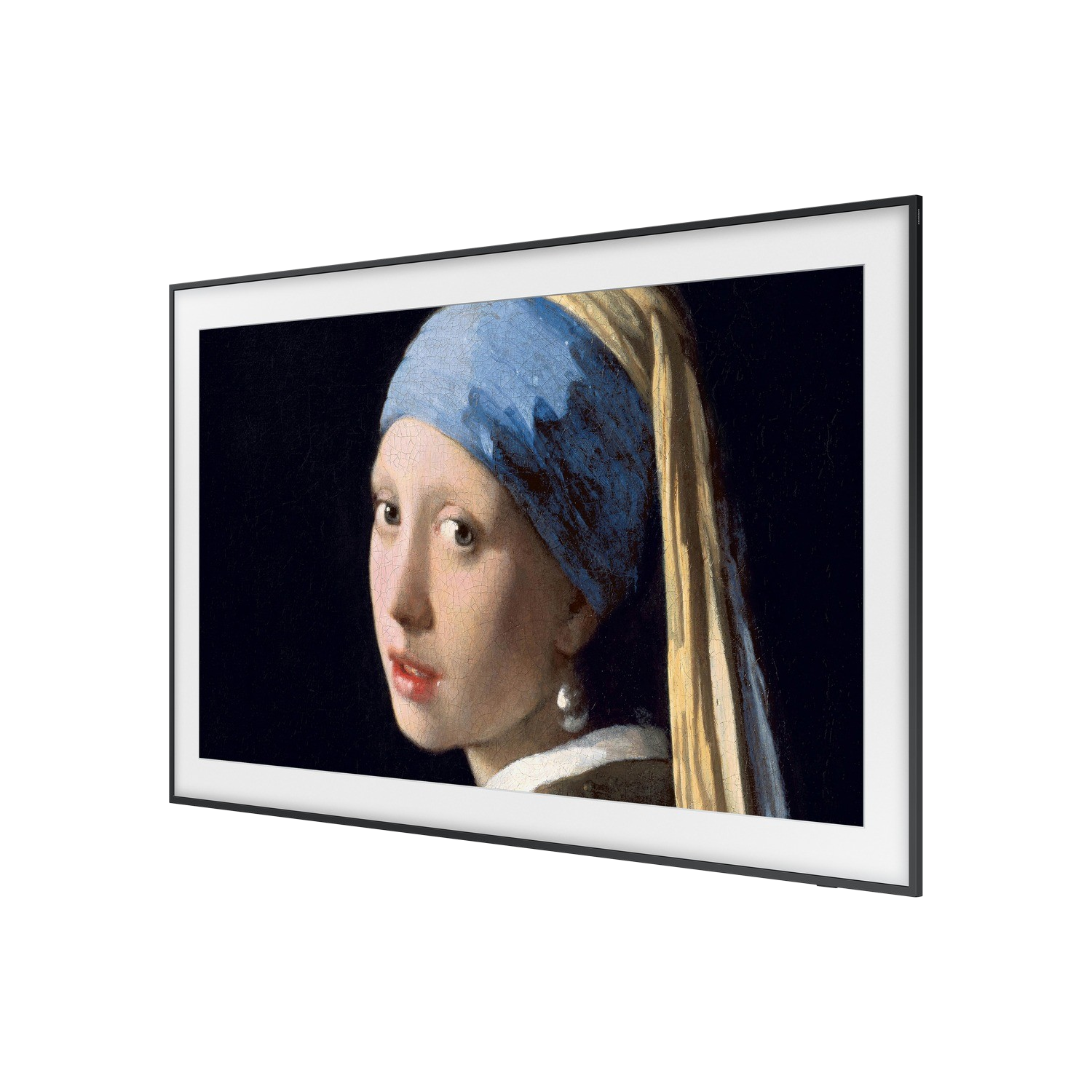 Obraz kobiety z perłowym kolczykiem w czarnej ramie. Nosi niebieską chustę i biały kołnierz.