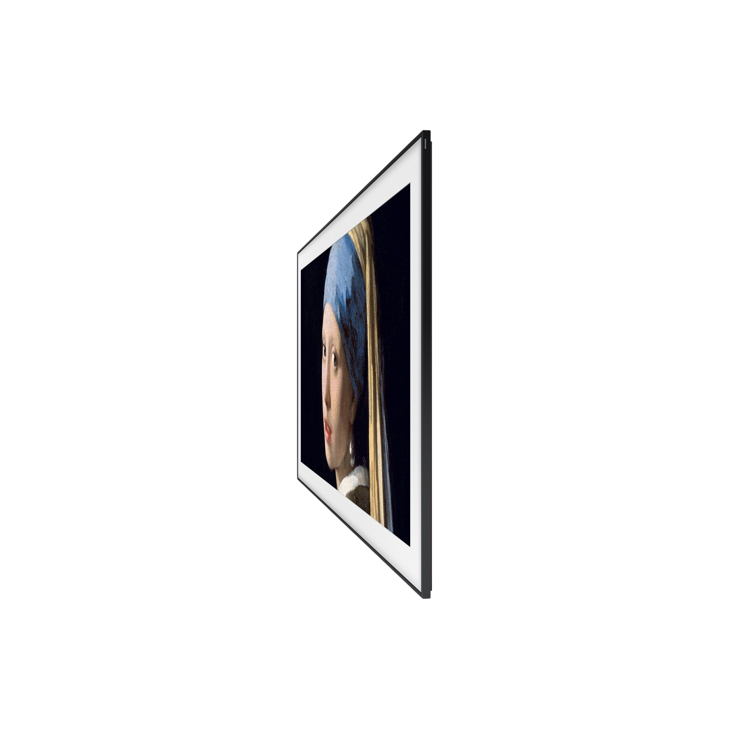 Oprawiony telewizor wyświetlający obraz kobiety z perłowym kolczykiem.