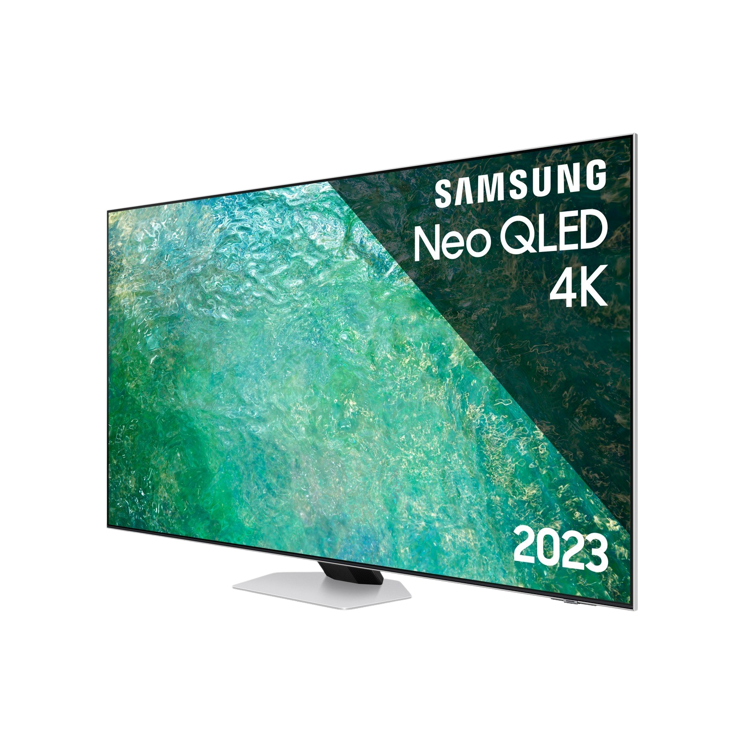 Samsung Neo QLED 4K TV, widok z boku, czarny ekran z tekstem '2023'.