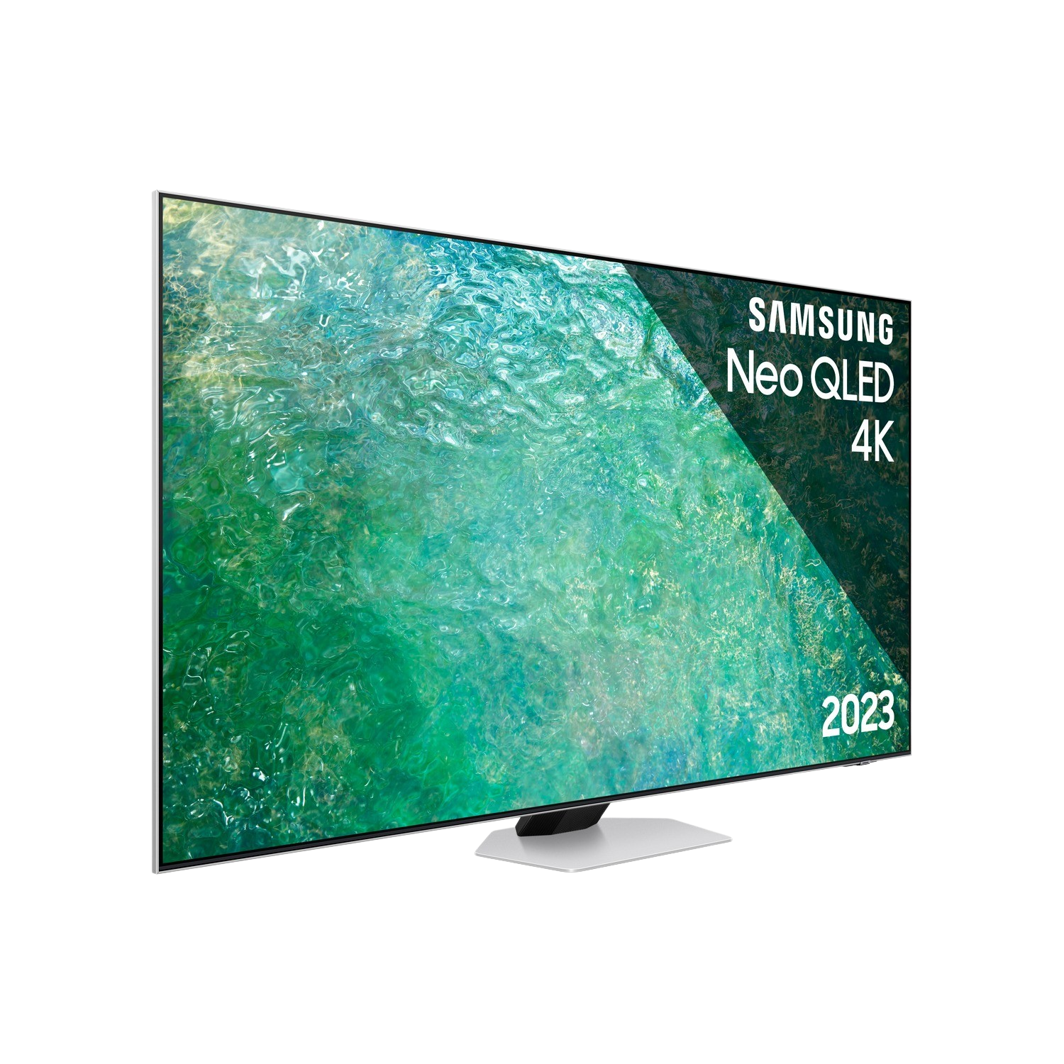 Telewizor Samsung Neo QLED 4K, model 2023, czarna ramka, biała podstawa. Wyświetla zieloną wodę.